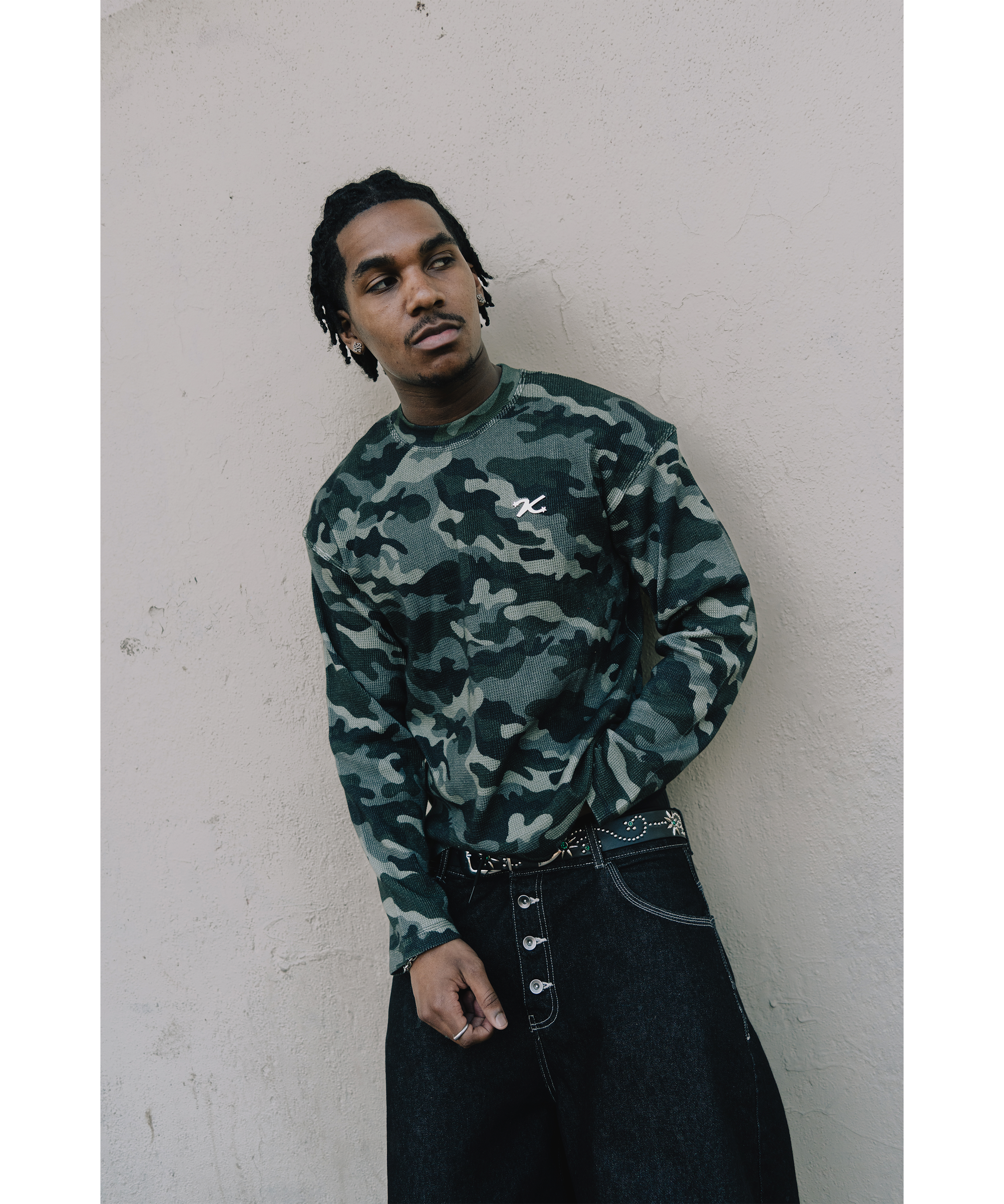 Model view of Kaizen Market Waffle Camo L/S T-shirt