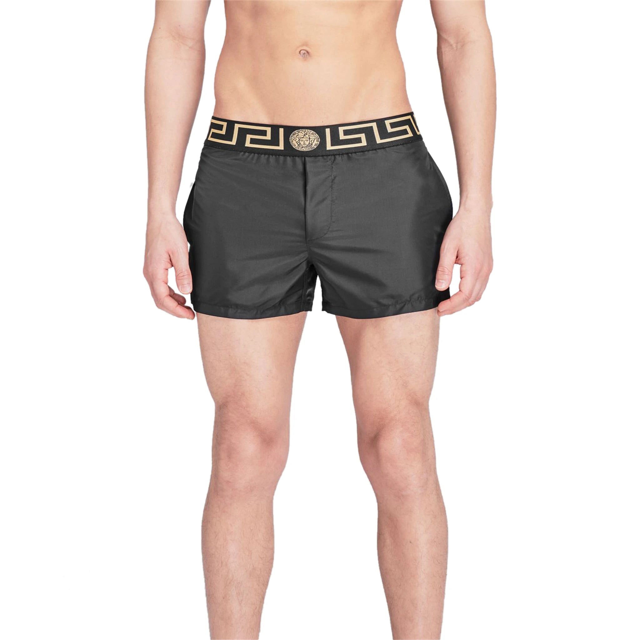 Model front view of Versace Logo Swimming Shorts Black