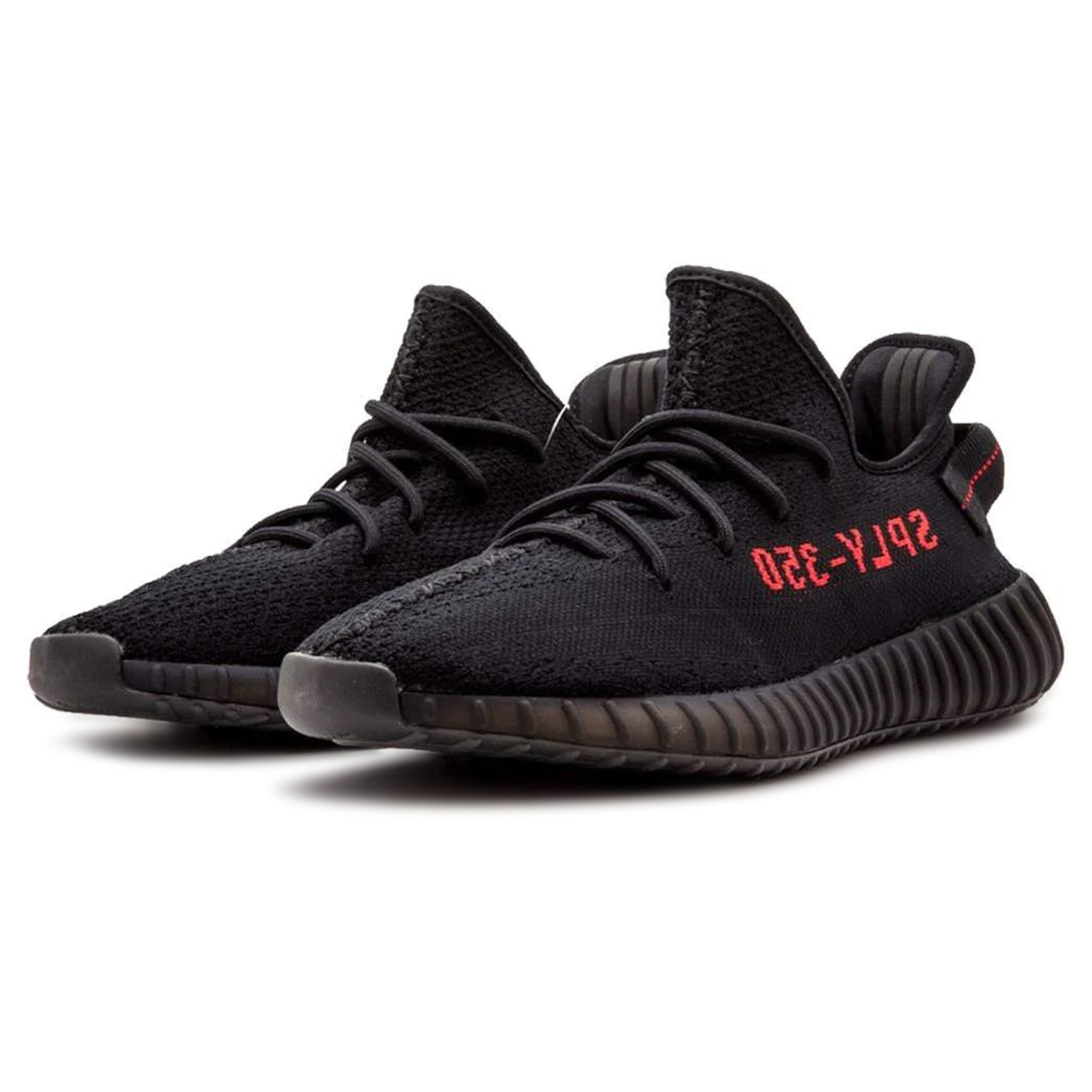 Front side view of Adidas Yeezy Boost 350 V2 Bred Core Black Red CP9652