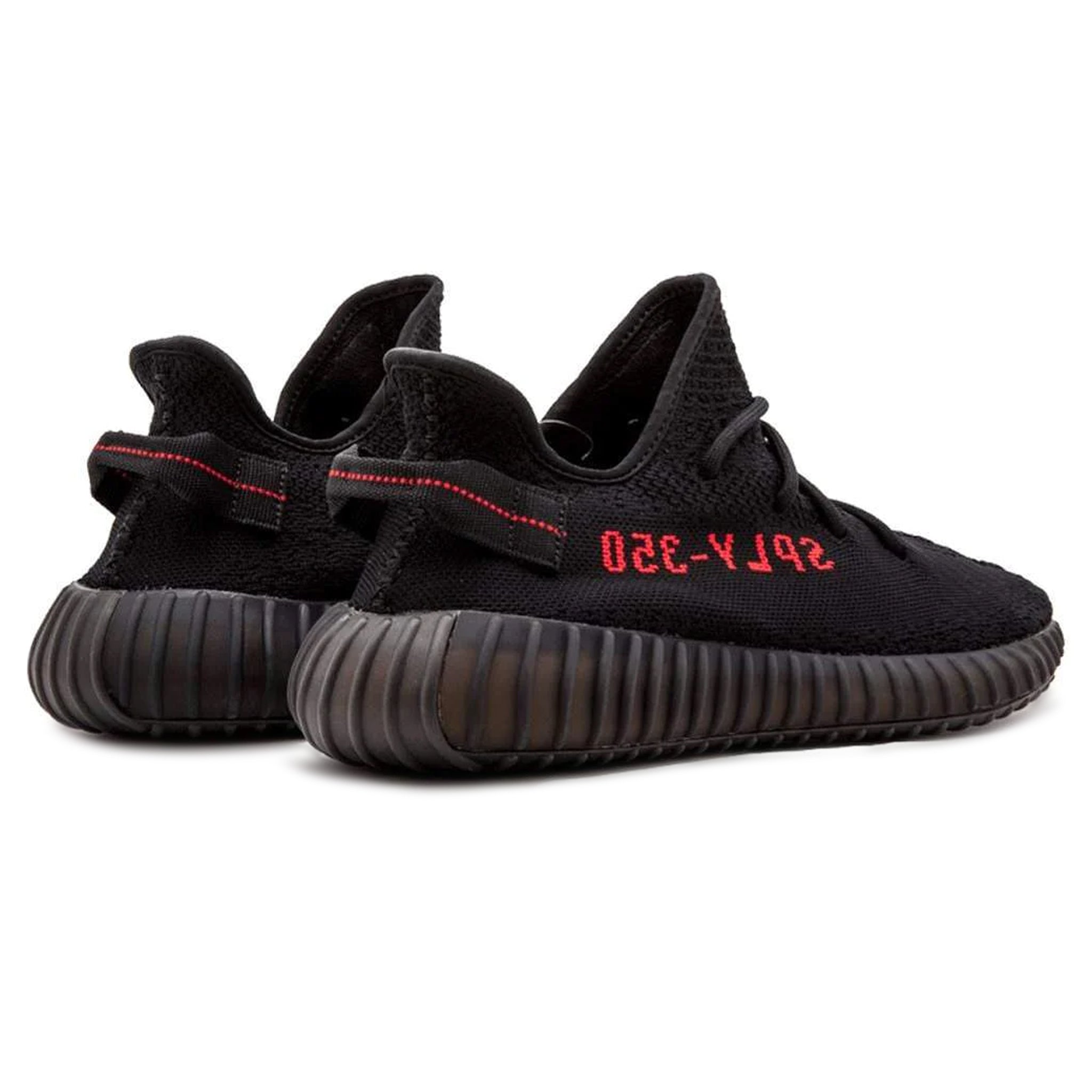 Heel view of Adidas Yeezy Boost 350 V2 Bred Core Black Red CP9652