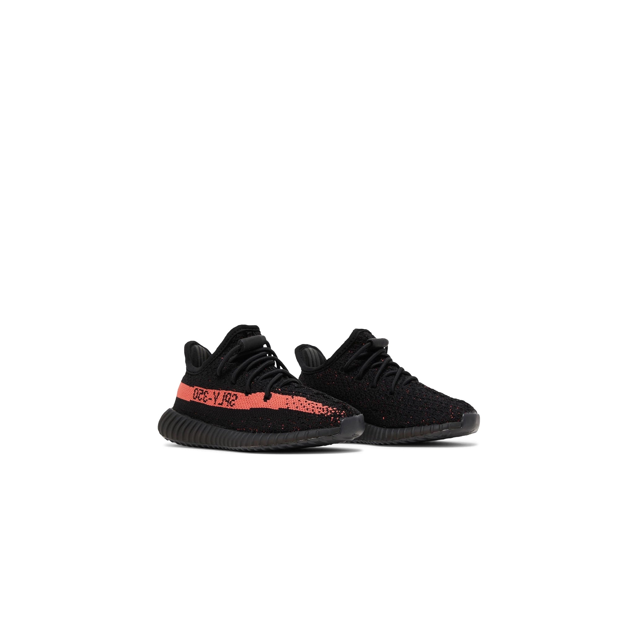 Front side view of Adidas Yeezy Boost 350 V2 Infants Core Black Red HP6587