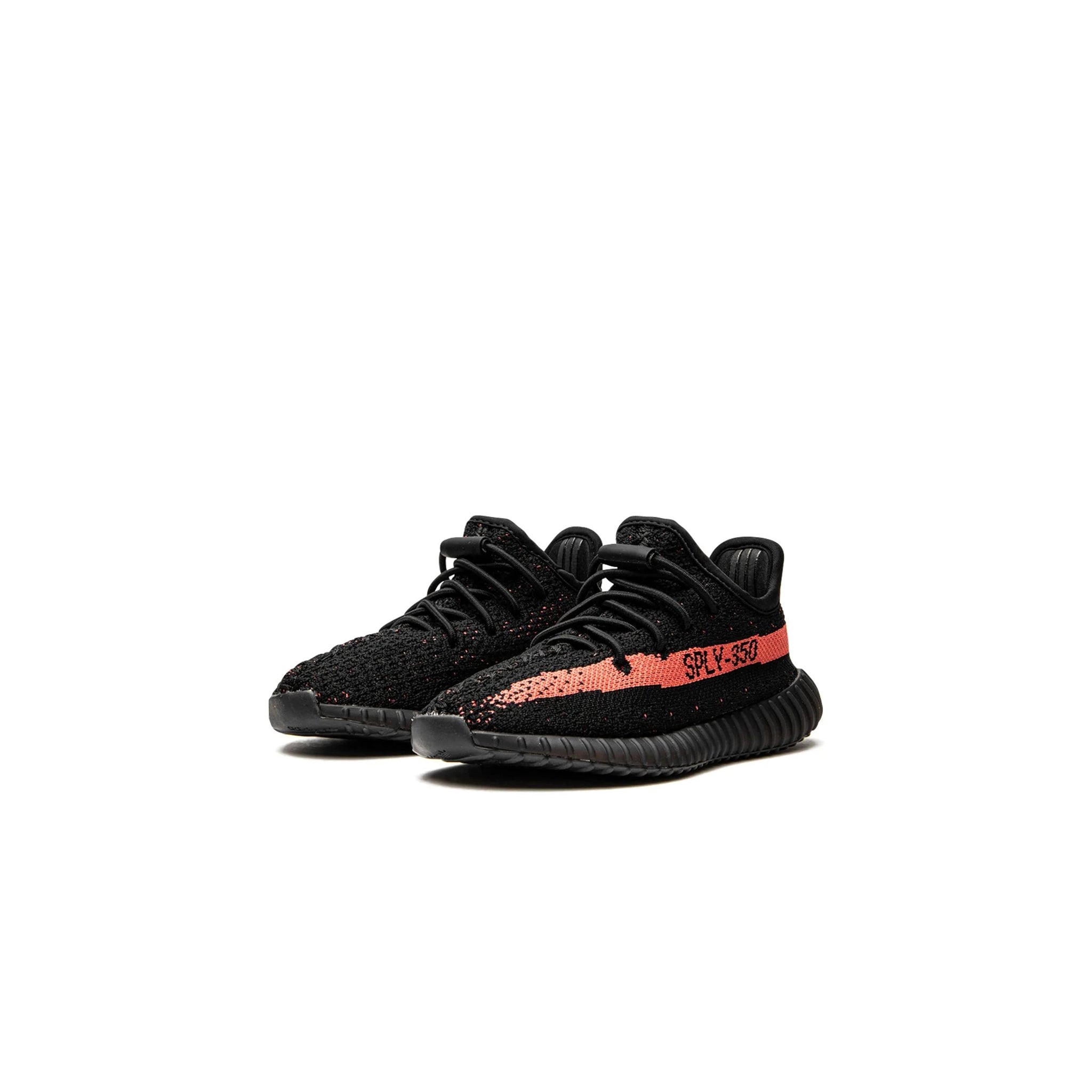 Front side view of Adidas Yeezy Boost 350 V2 Kids Core Black Red HP6591