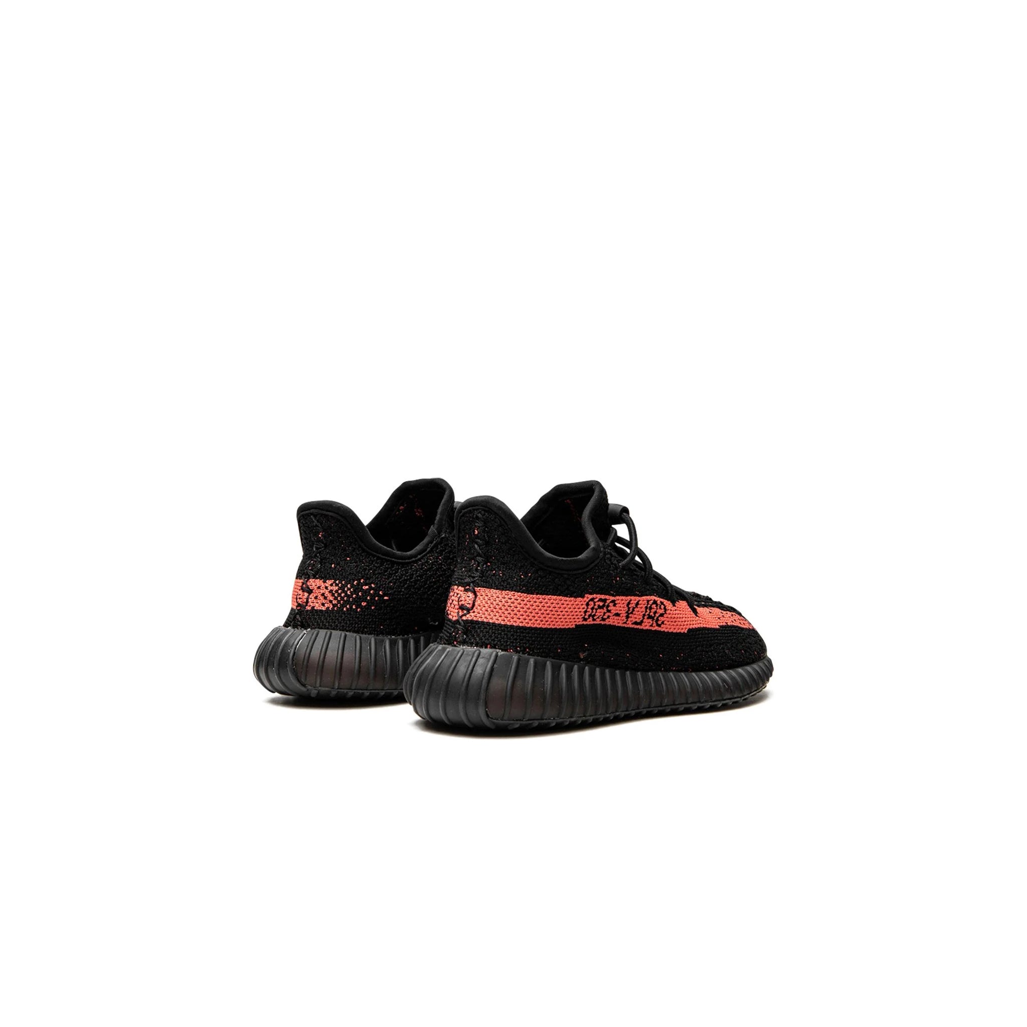Heel view of Adidas Yeezy Boost 350 V2 Kids Core Black Red HP6591