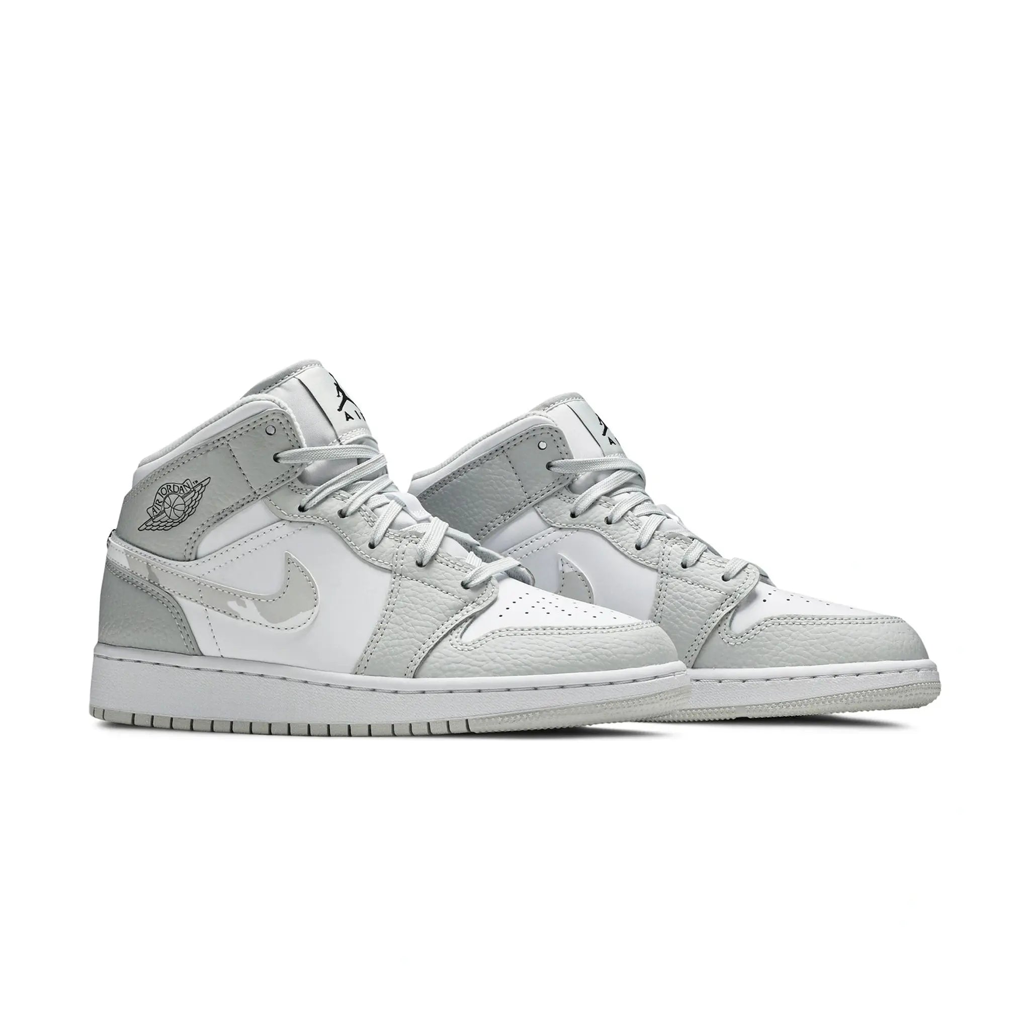 Front side view of Air Jordan 1 Mid Grey Camo (GS) DD3235-100