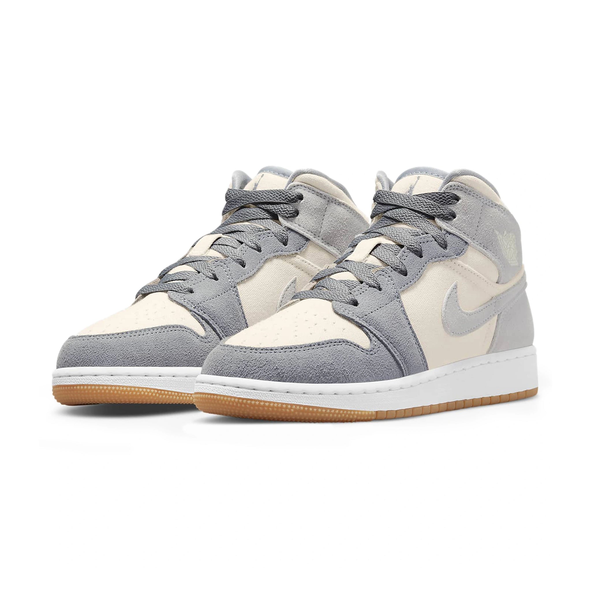 Front side view of Air Jordan 1 Mid SE Coconut Milk Particle Grey (GS) DN4346-100