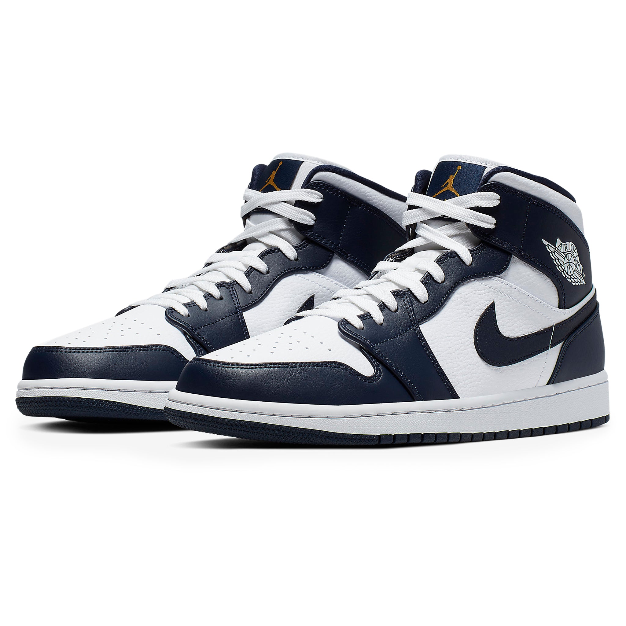 Front side view of Air Jordan 1 Mid White Metallic Gold Obsidian 554724-174
