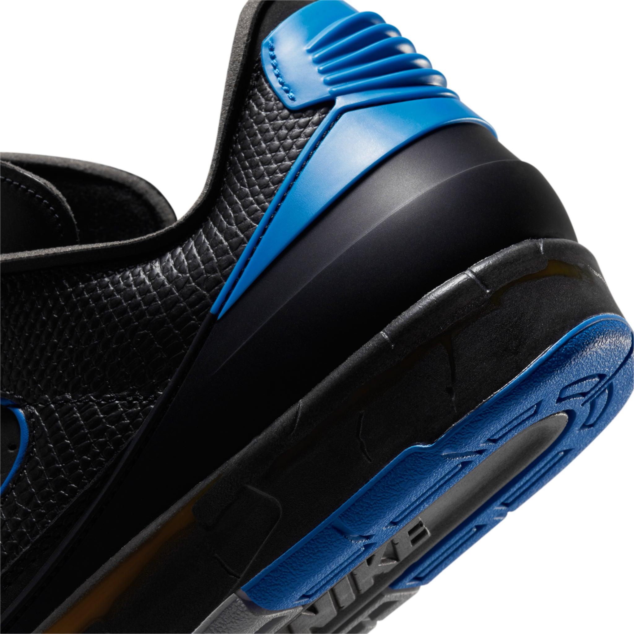 Heel view of Air Jordan 2 X Off-White Retro Low Black Blue DJ4375-004