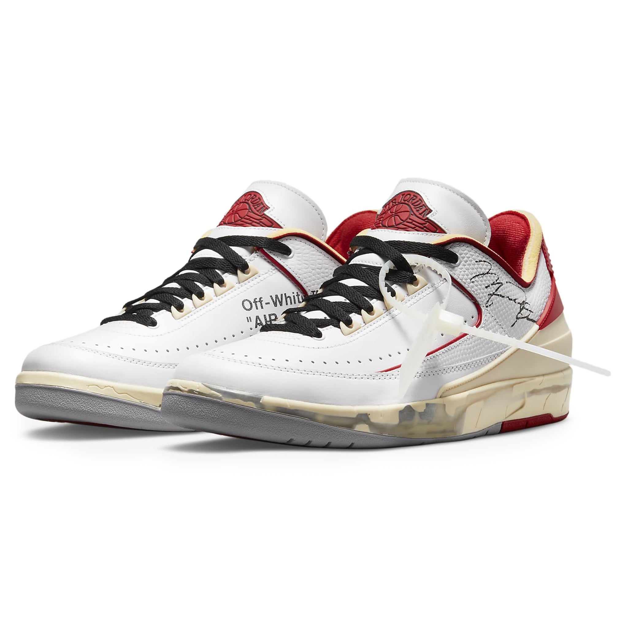 Front side view of Air Jordan 2 X Off-White Retro Low White Varsity Red DJ4375-106