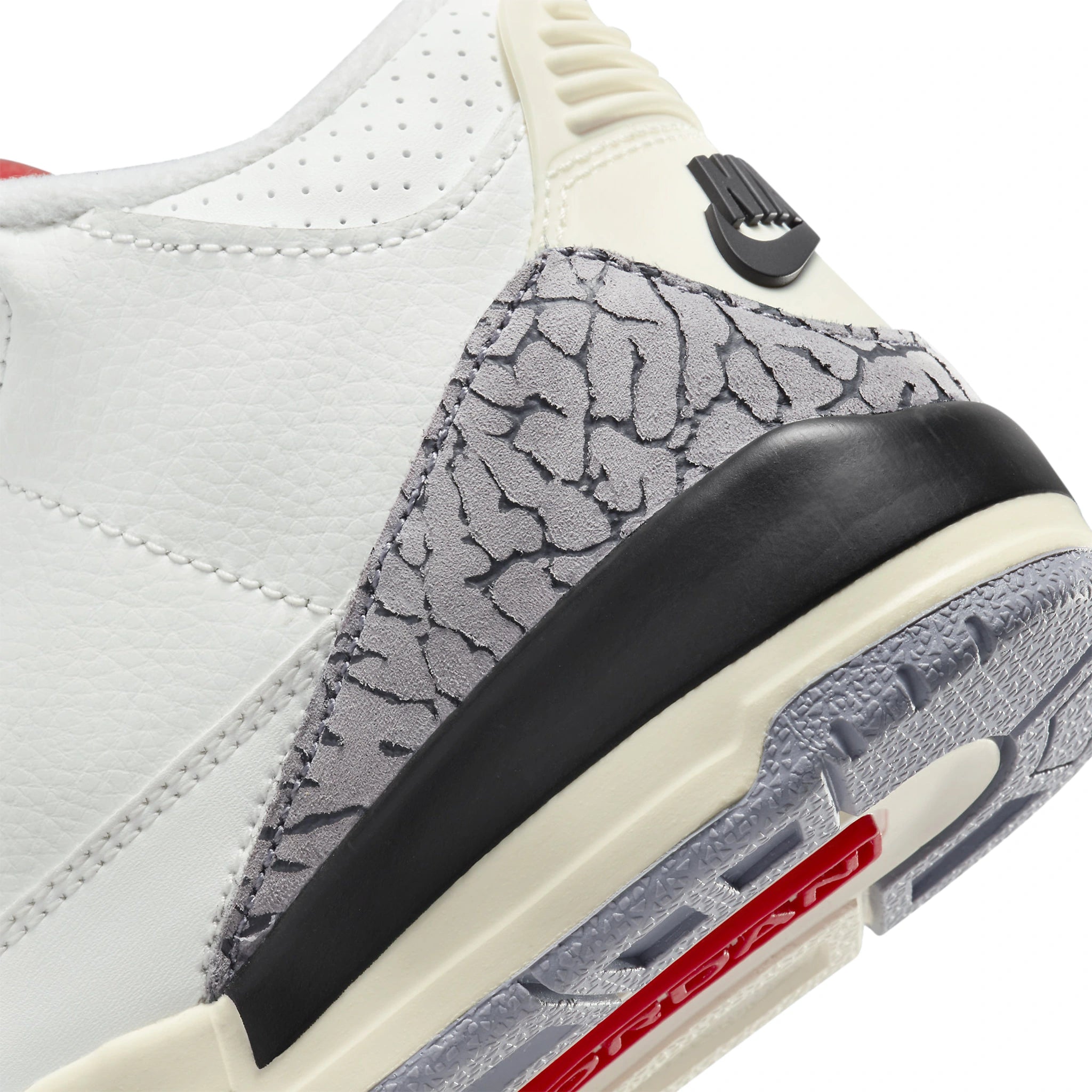 Heel logo view of Air Jordan 3 Retro White Cement Reimagined (PS)