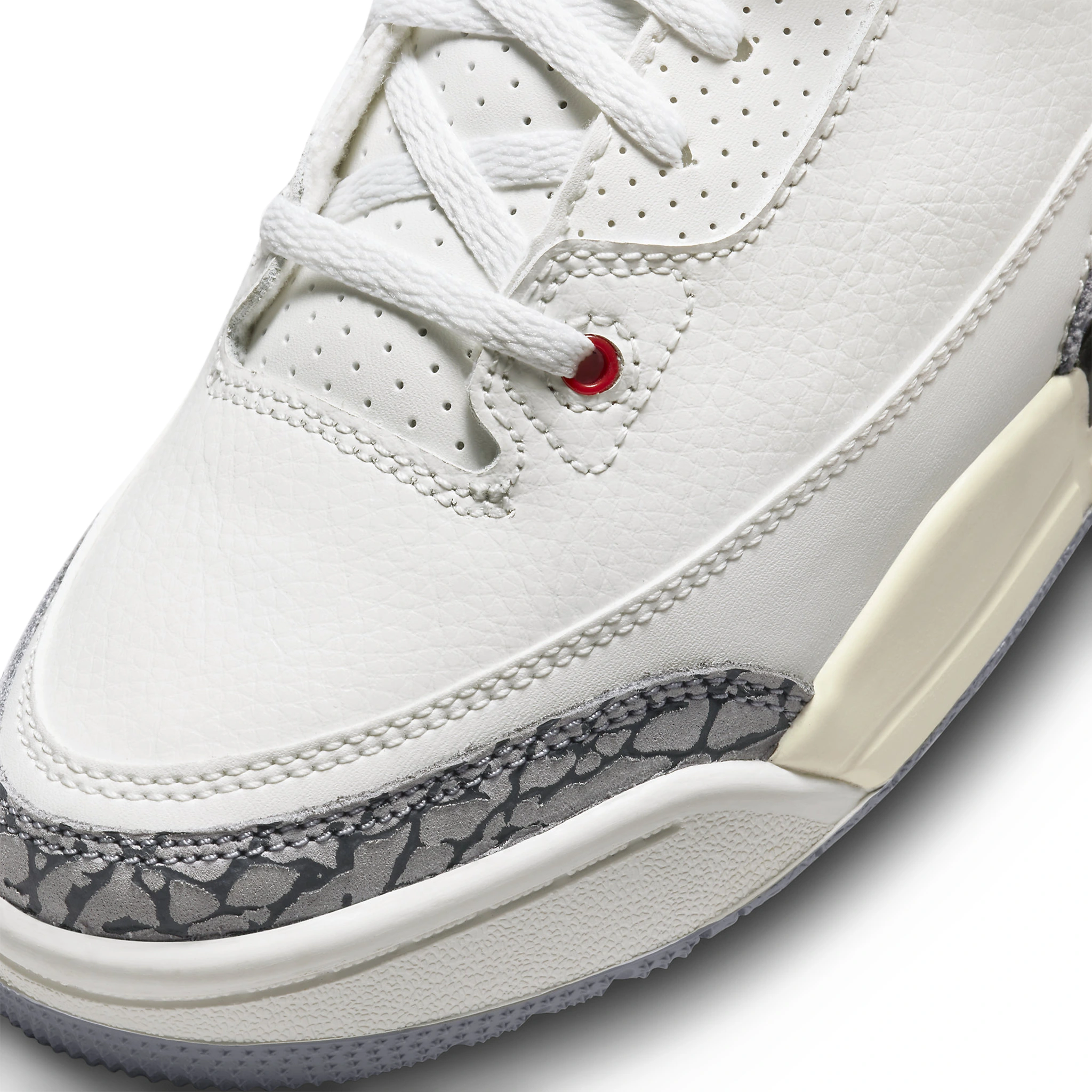 Toe box view of Air Jordan 3 Retro White Cement Reimagined (PS)