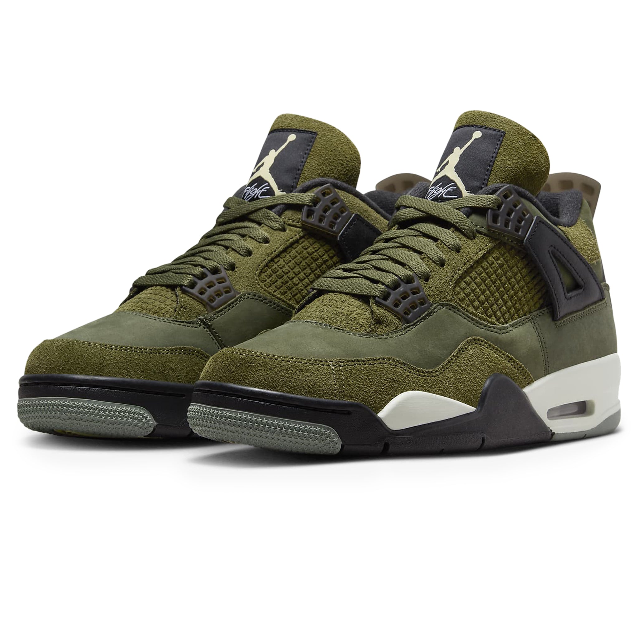 Front side view of Air Jordan 4 Retro SE Craft Olive FB9927-200