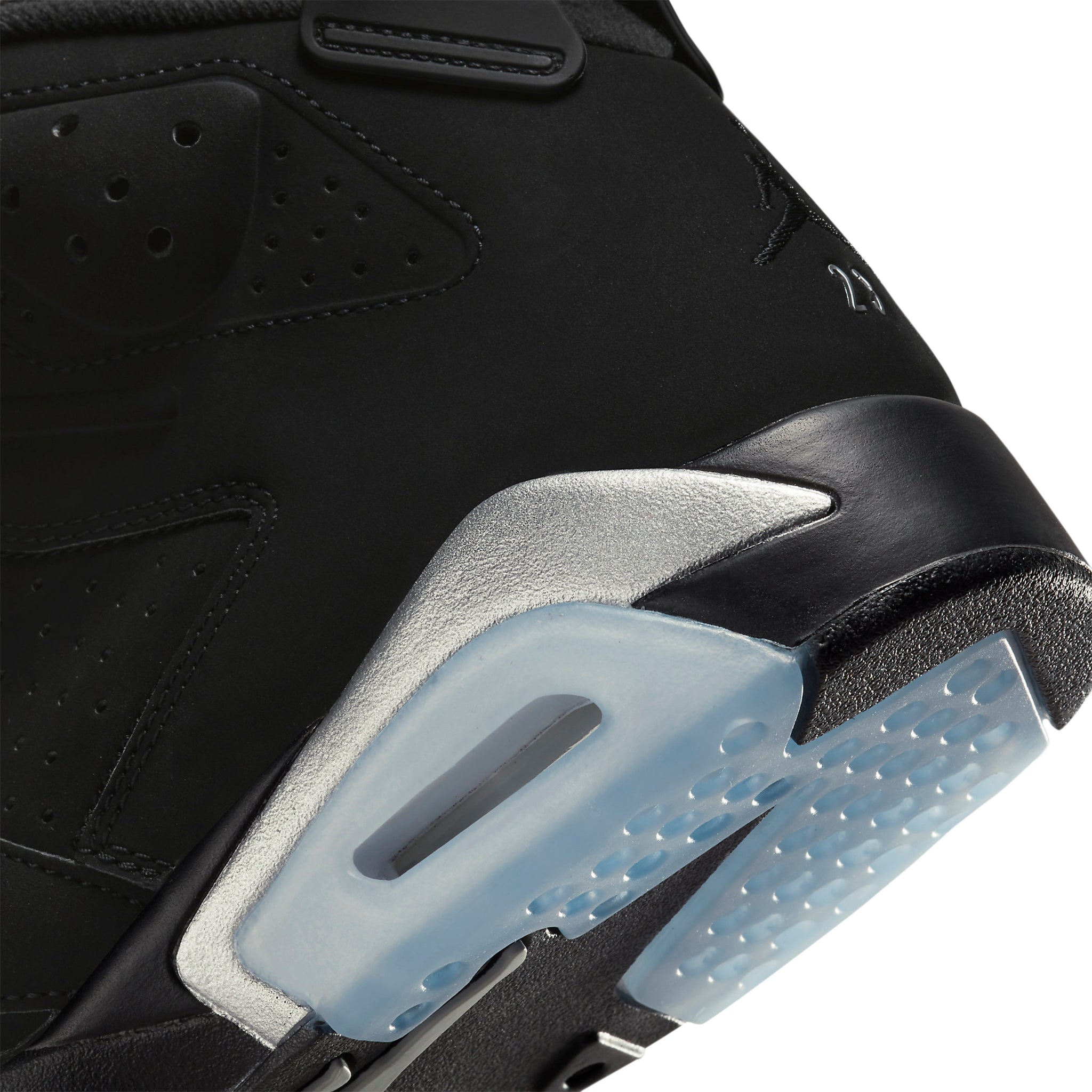 Heel logo view of Air Jordan 6 Retro Chrome Metallic Silver DX2836-001