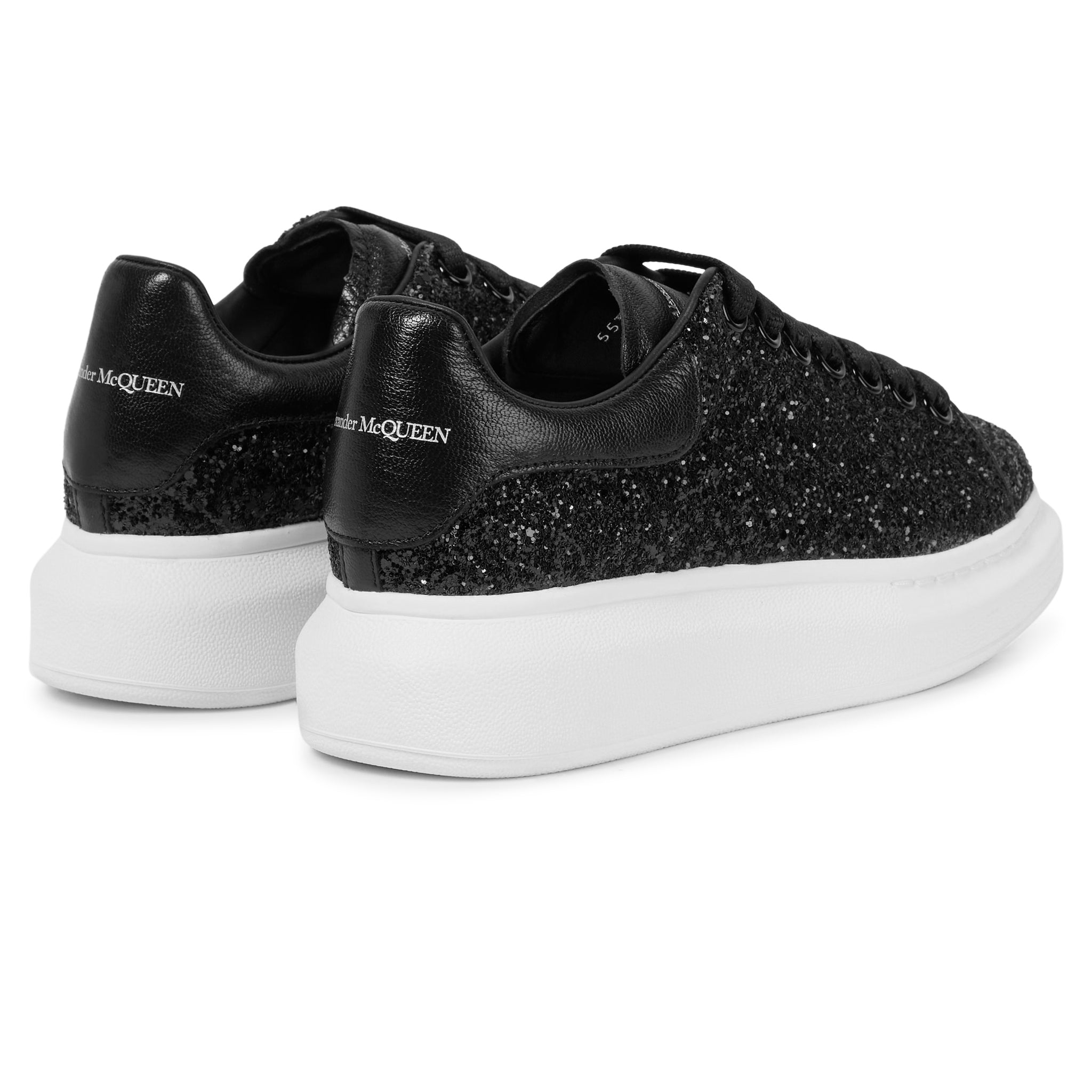 Back view of Alexander Mcqueen Raised Sole Black Glitter Trainers