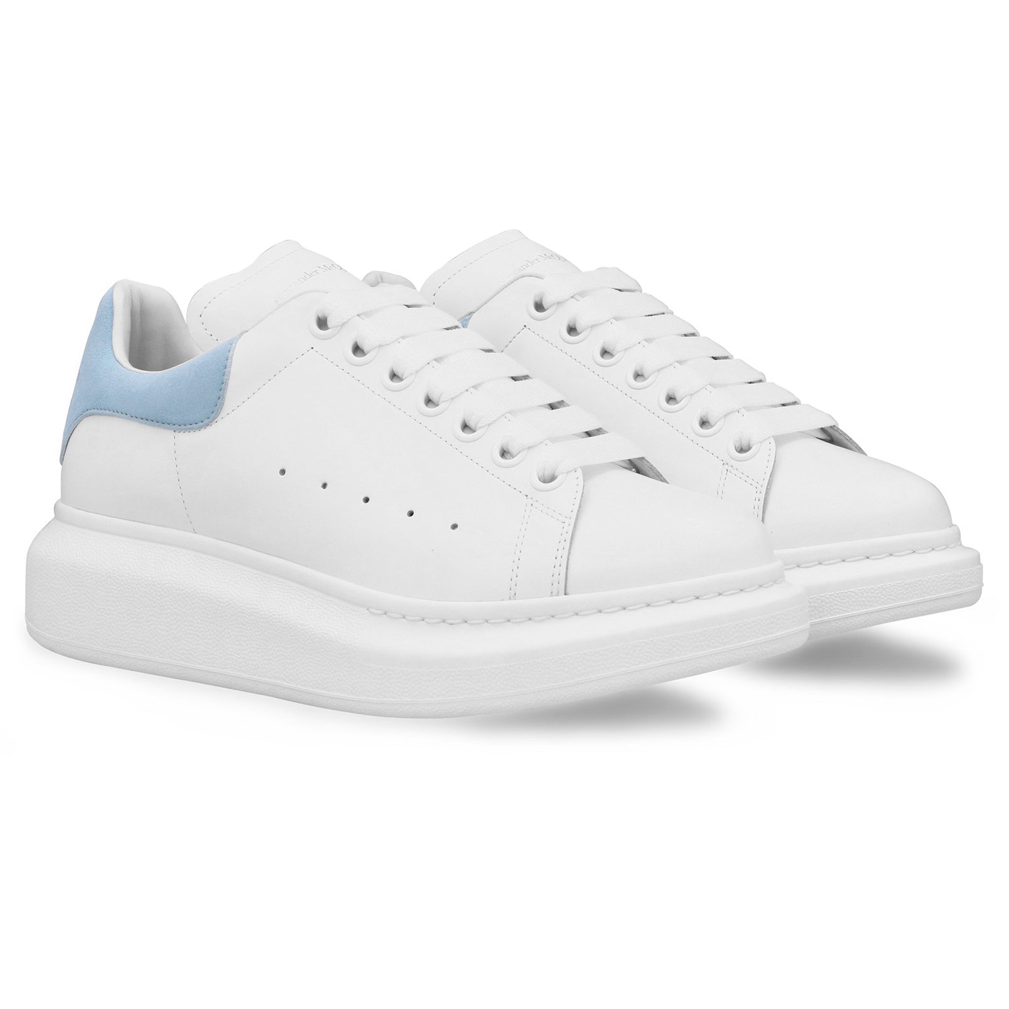 Front side view of Alexander Mcqueen Raised Sole White Blue Sneaker