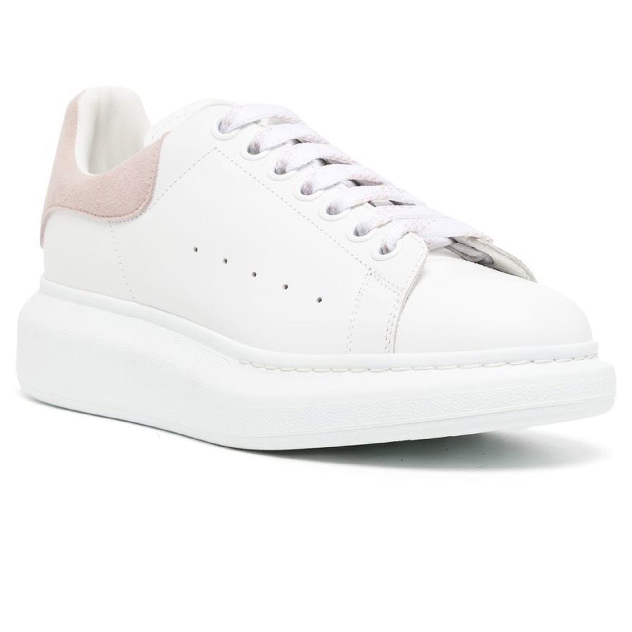 Front side view of Alexander Mcqueen Raised Sole White Pink Sneaker