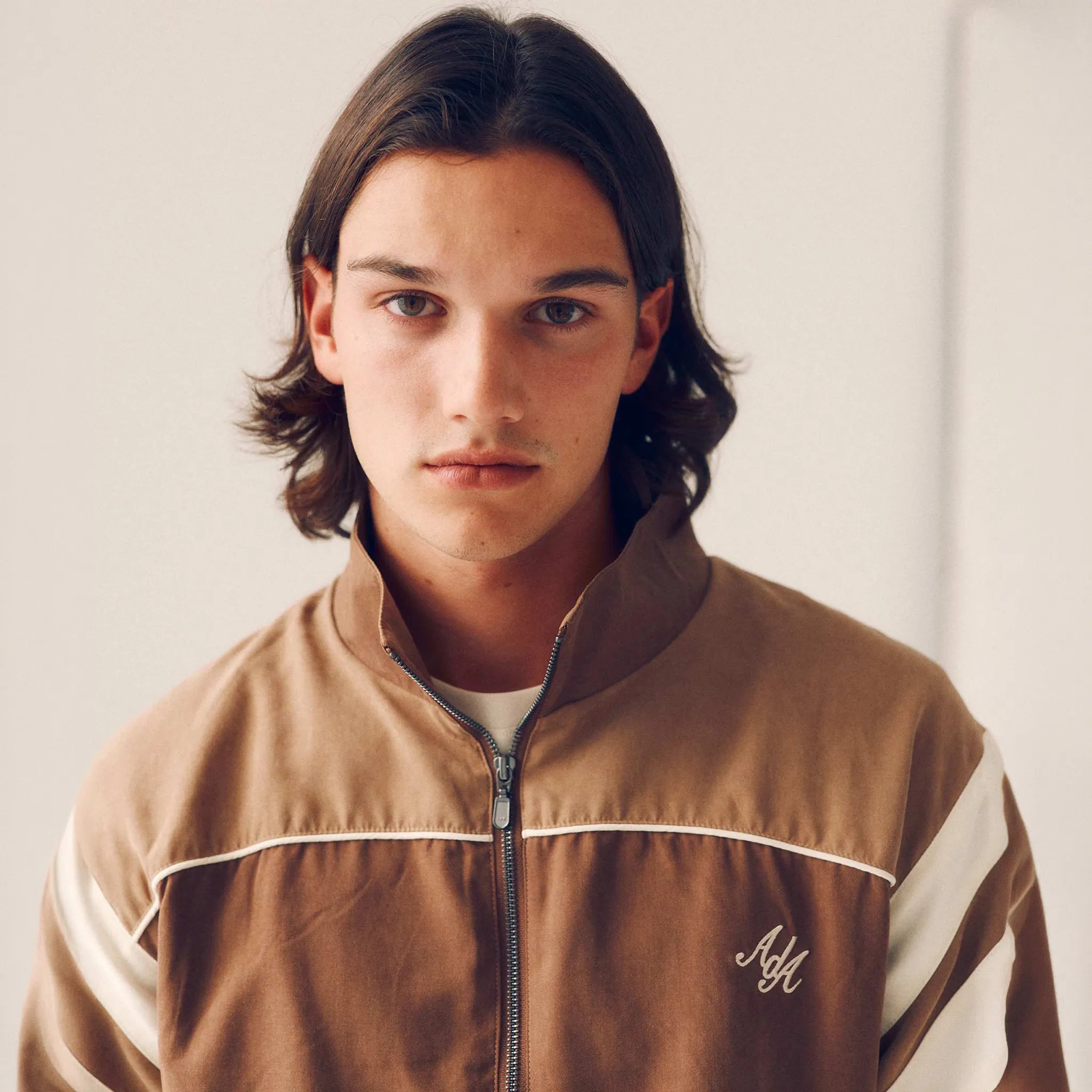 Detailed Front View of Alma De Ace Vestra Track Beige Jacket