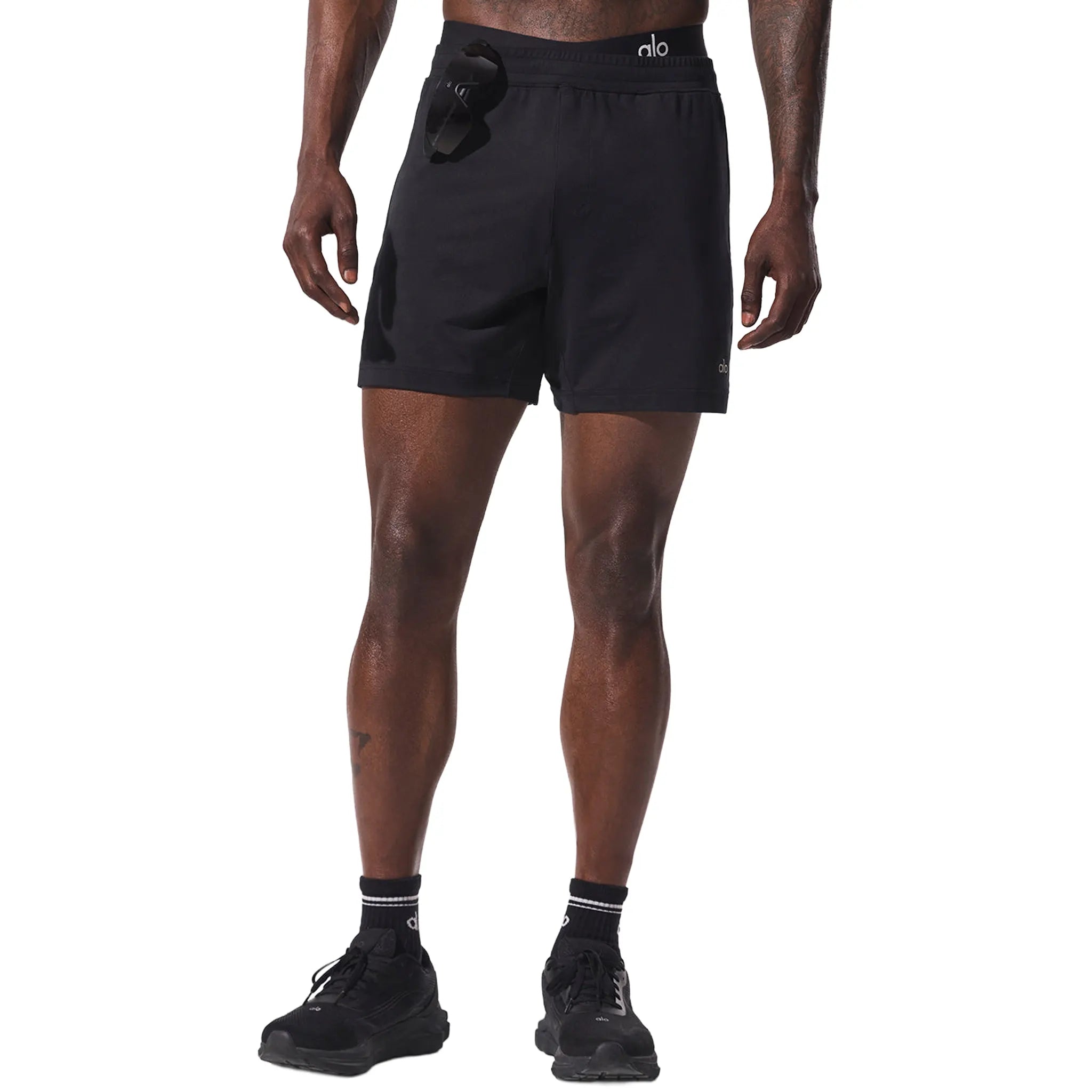 Front View of Alo Yoga 7inch Conquer React Performance Black Shorts
