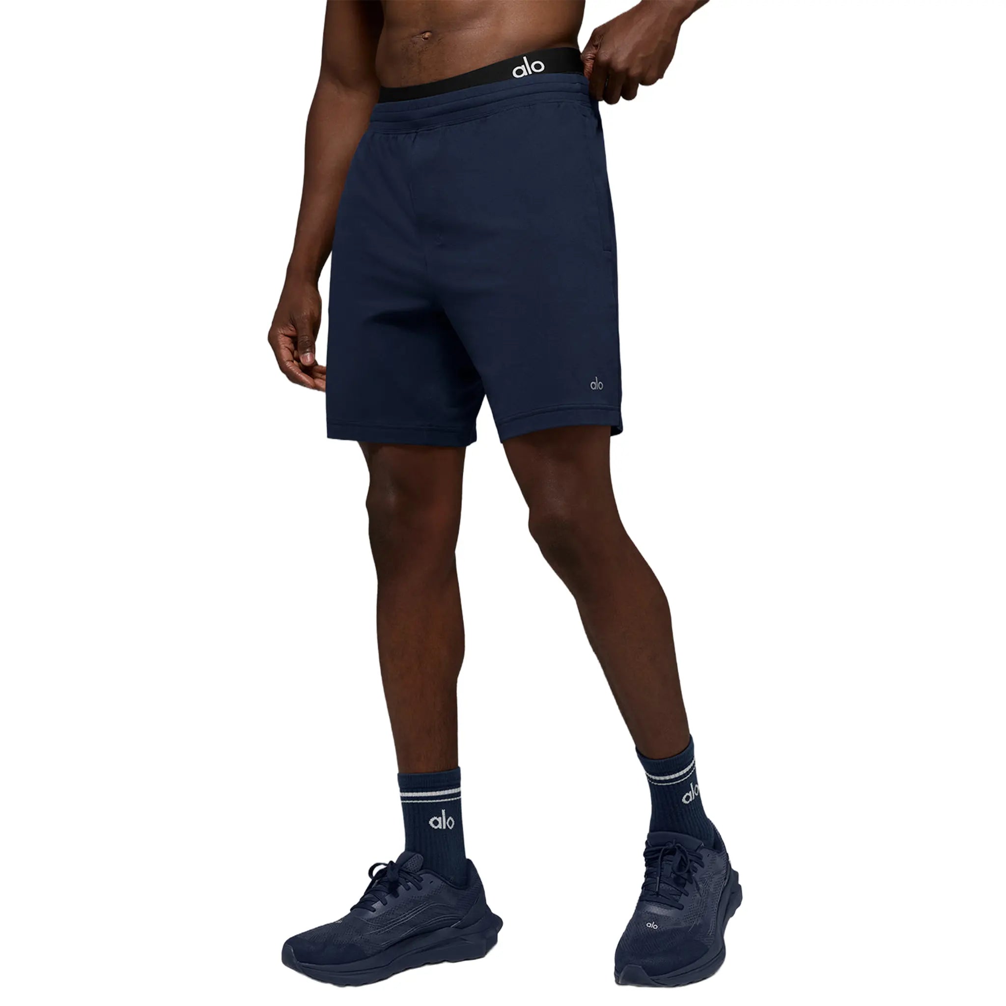 Front View of Alo Yoga 7inch Conquer React Performance Navy Shorts