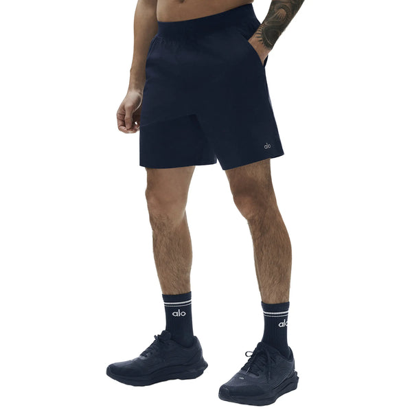 Front View of Alo Yoga 7inch Repetition Navy Shorts M6154R012