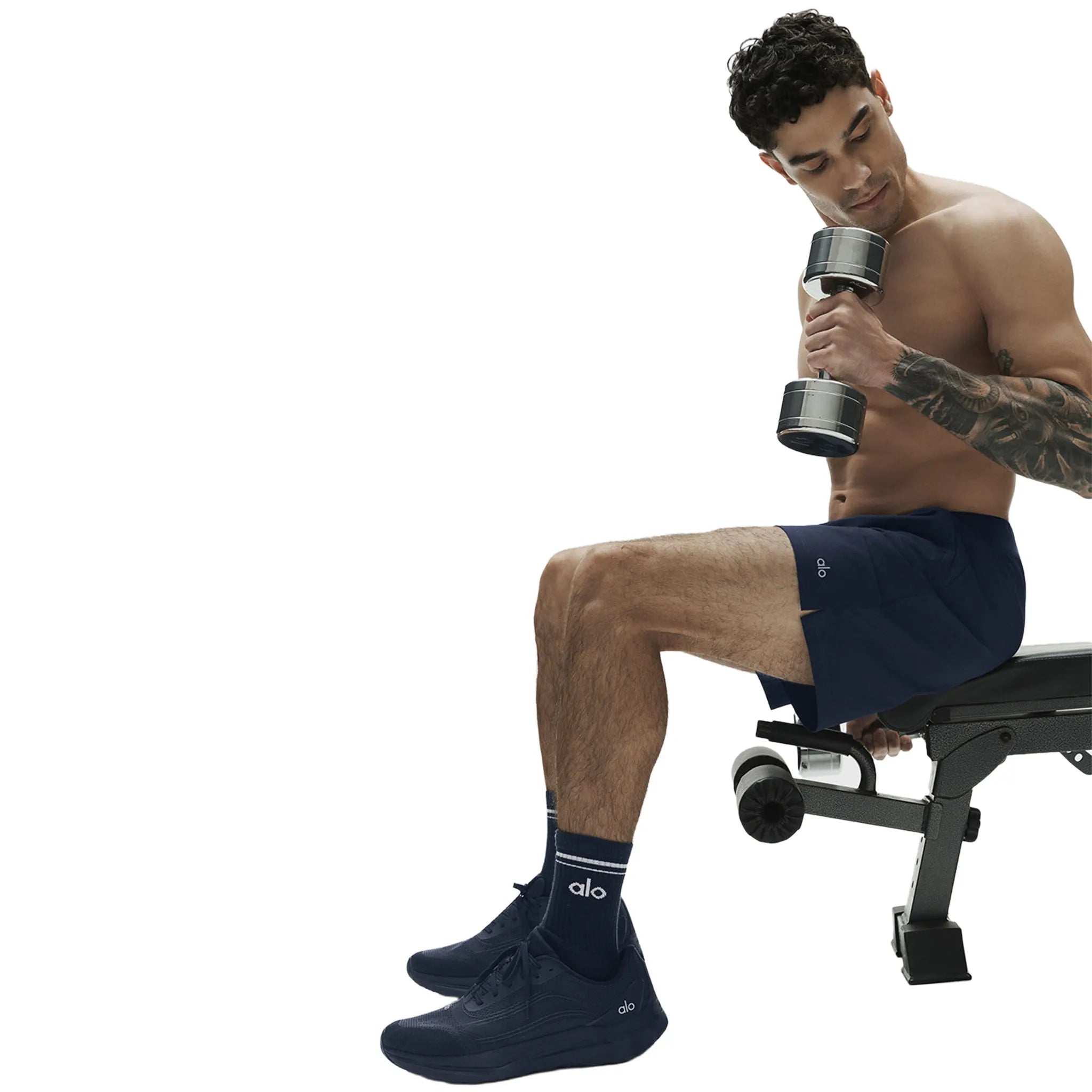 Side View of Alo Yoga 7inch Repetition Navy Shorts M6154R012