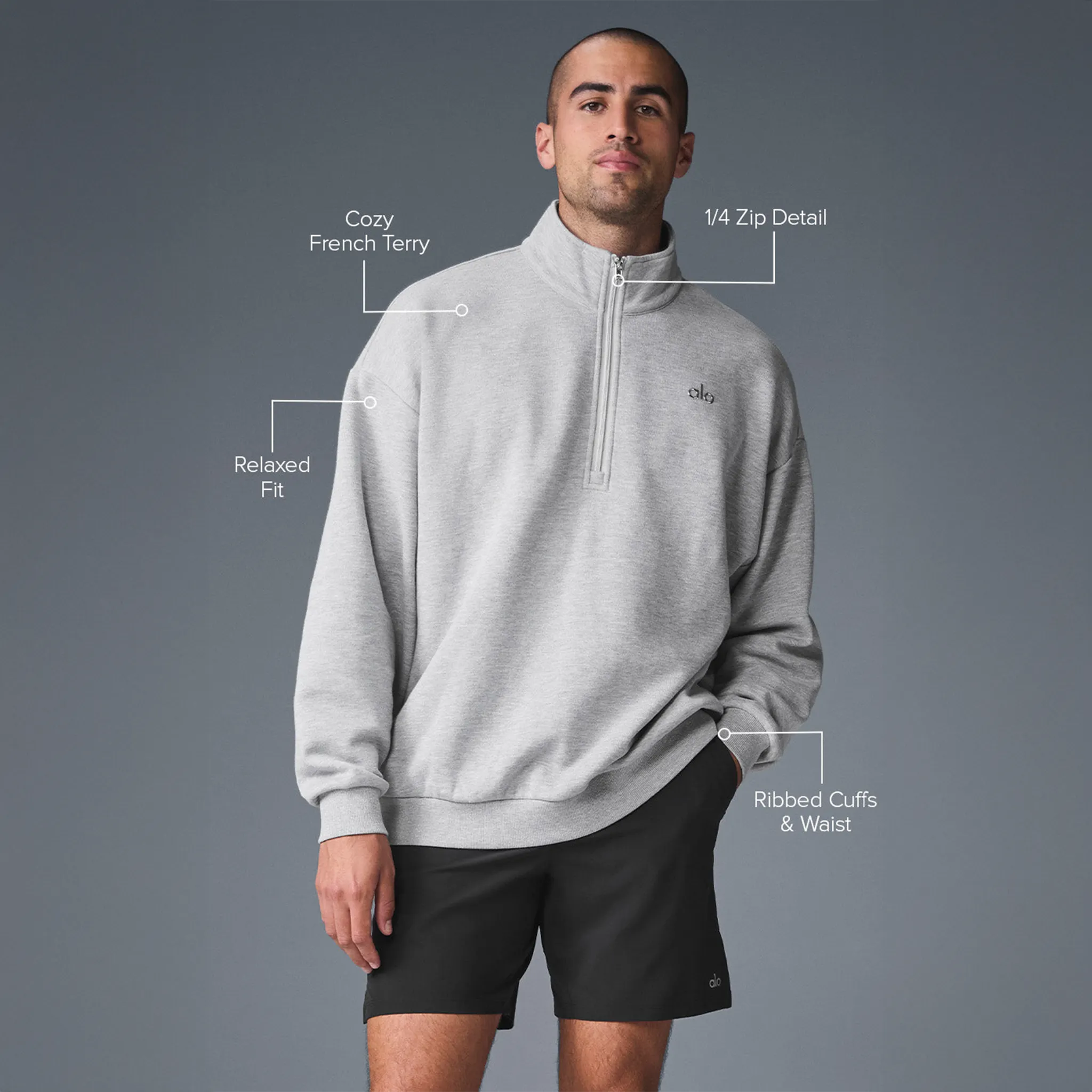 Model View of Alo Yoga Accolade 1/4 Zip Athletic Heather Grey Sweatshirt