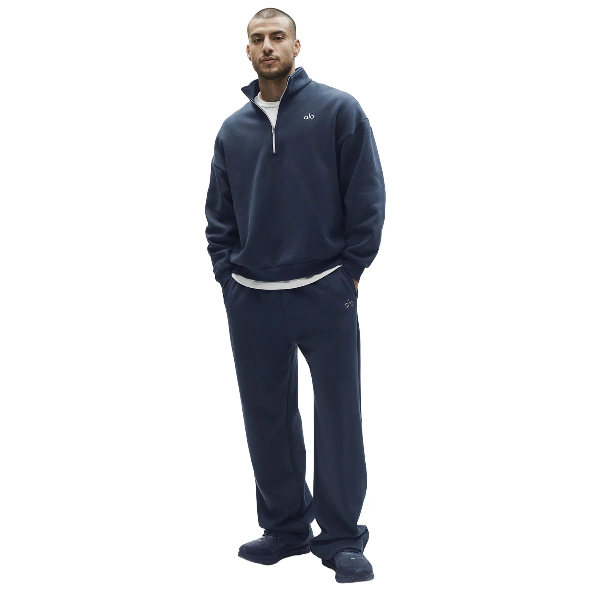 Model Front  View of Alo Yoga Accolade 1/4 Zip Navy Sweatshirt