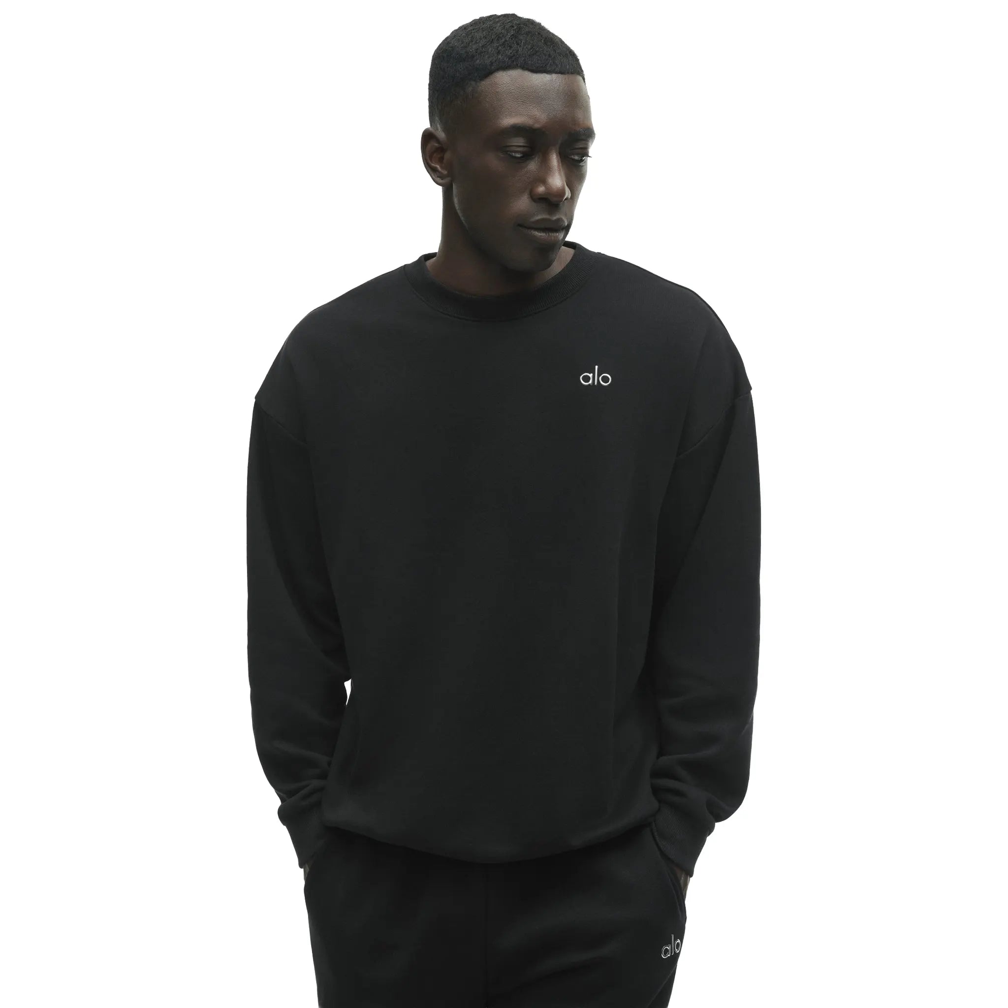Front View of Alo Yoga Accolade Black Sweatshirt U3031RG010