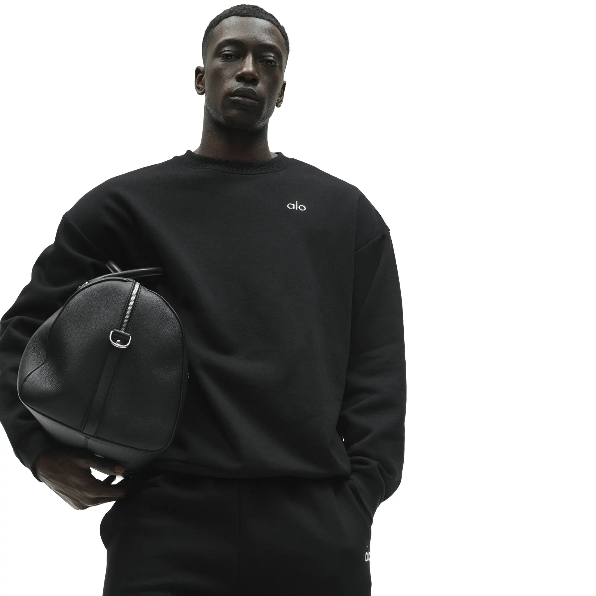 Model View of Alo Yoga Accolade Black Sweatshirt U3031RG010