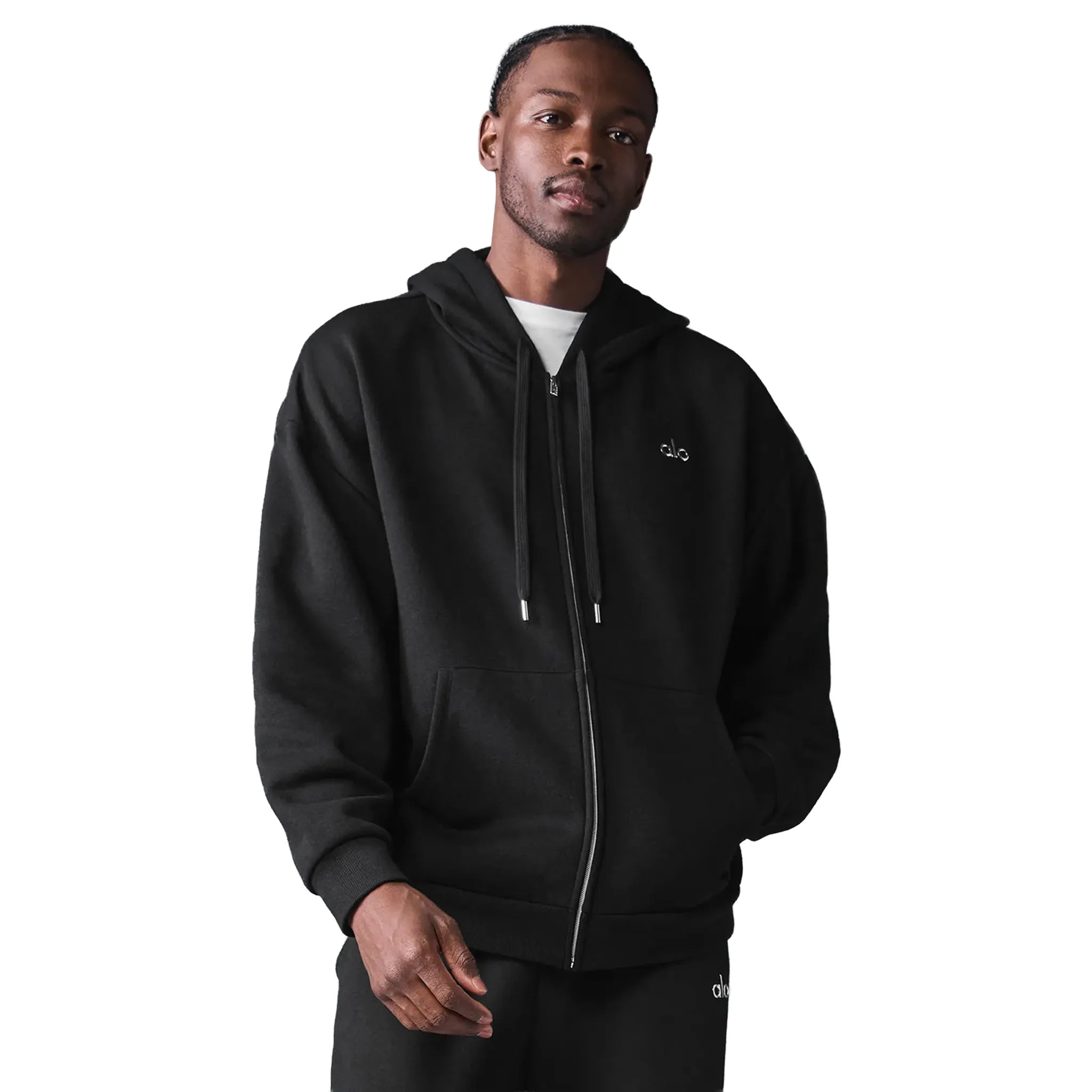 Front View of Alo Yoga Accolade Black Zip-Up Hoodie