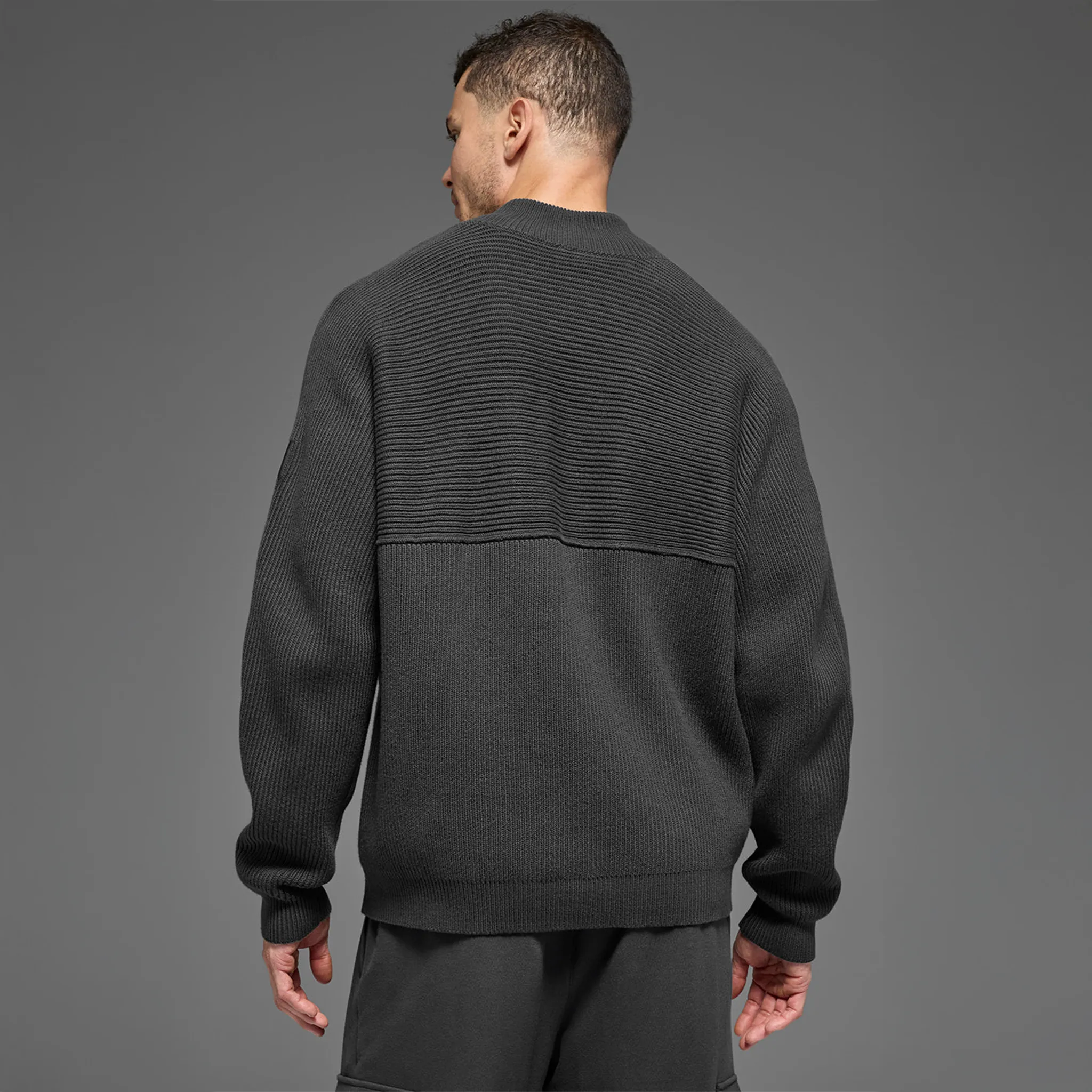 Back View of Alo Yoga Domain Shift Rib Knit 1/4 Zip Anthracite Sweatshirt