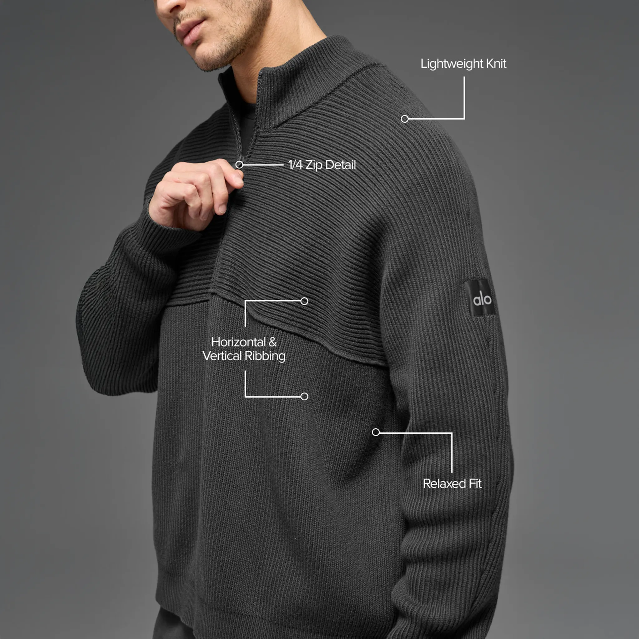 Front Side View of Alo Yoga Domain Shift Rib Knit 1/4 Zip Anthracite Sweatshirt