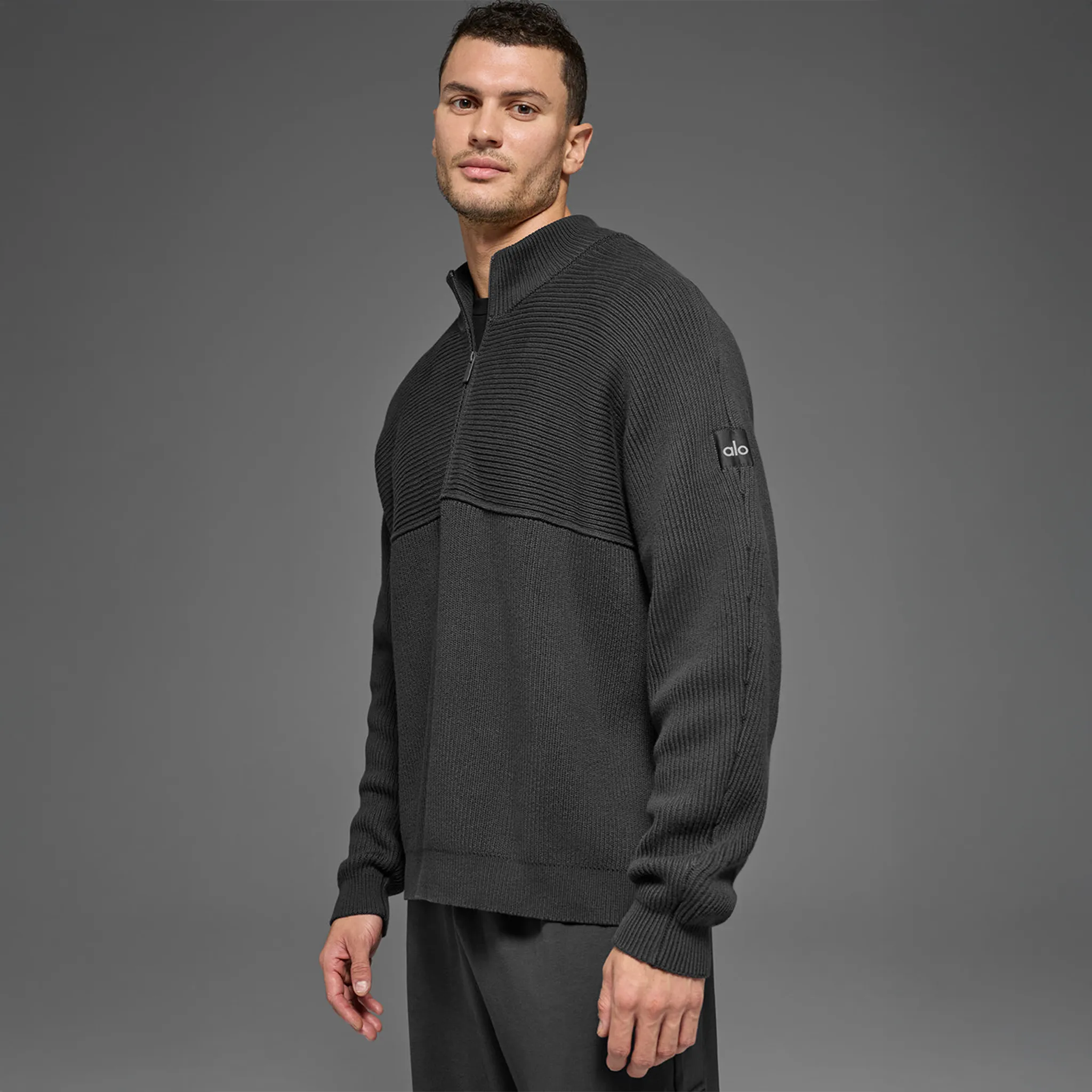 Front View of Alo Yoga Domain Shift Rib Knit 1/4 Zip Anthracite Sweatshirt