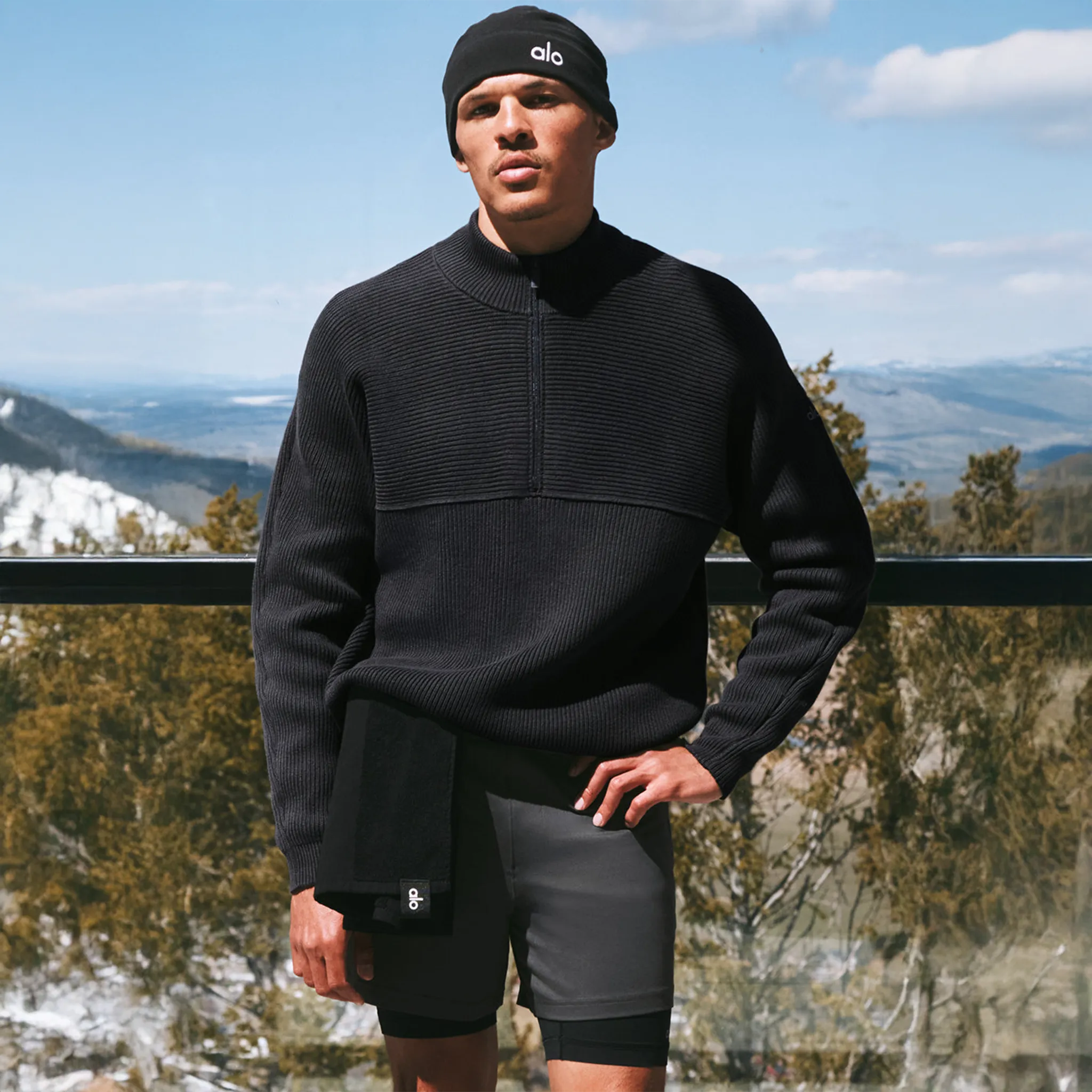 Model View of Alo Yoga Domain Shift Rib Knit 1/4 Zip Anthracite Sweatshirt