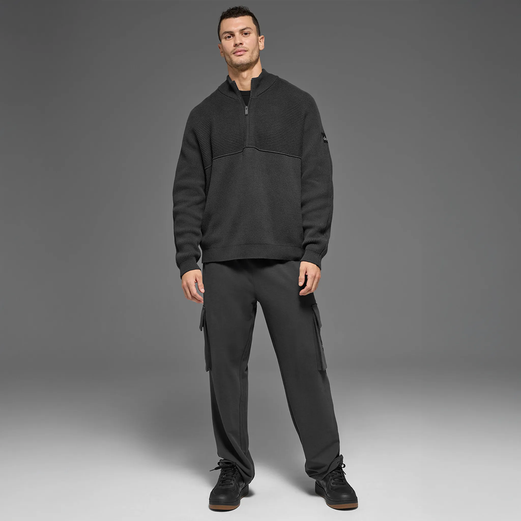 Front View of Alo Yoga Domain Shift Rib Knit 1/4 Zip Anthracite Sweatshirt