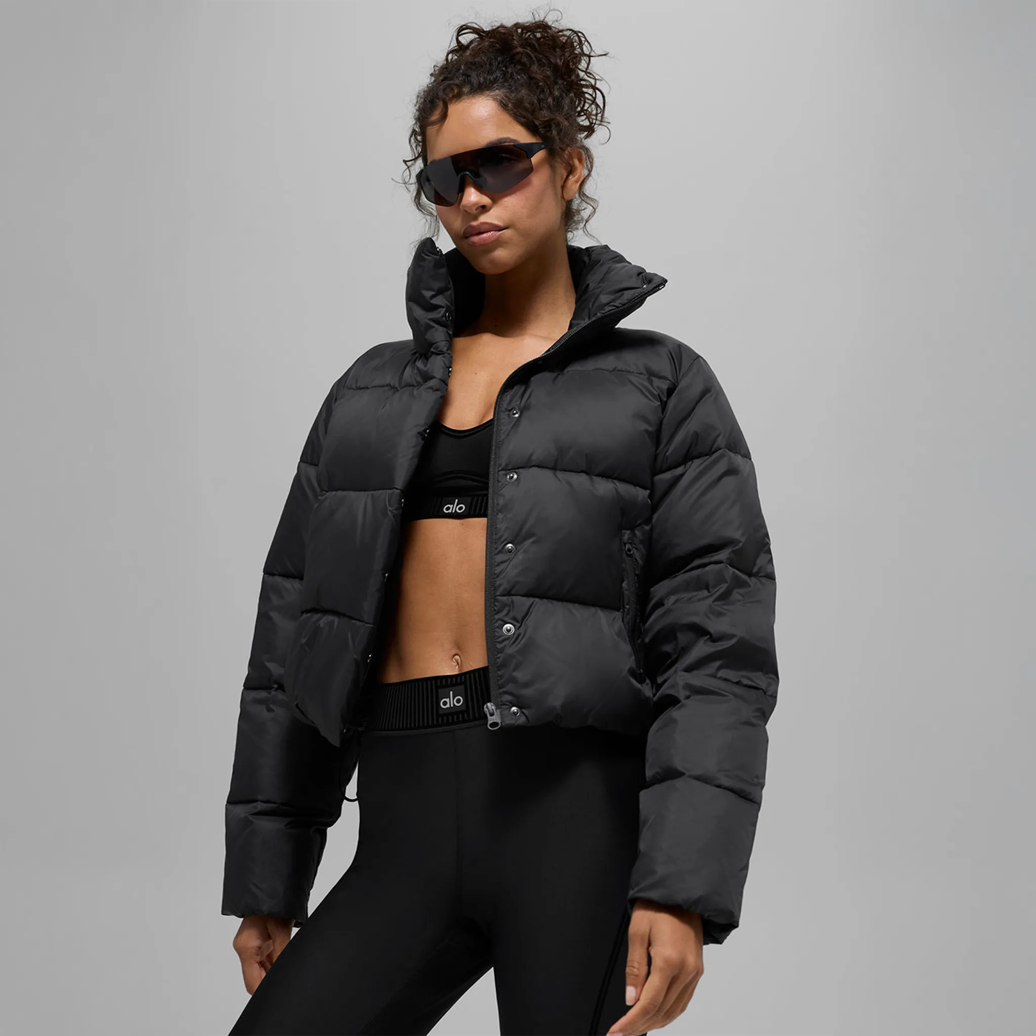 Front View of Alo Yoga Gold Rush Black Puffer Jacket (W)
