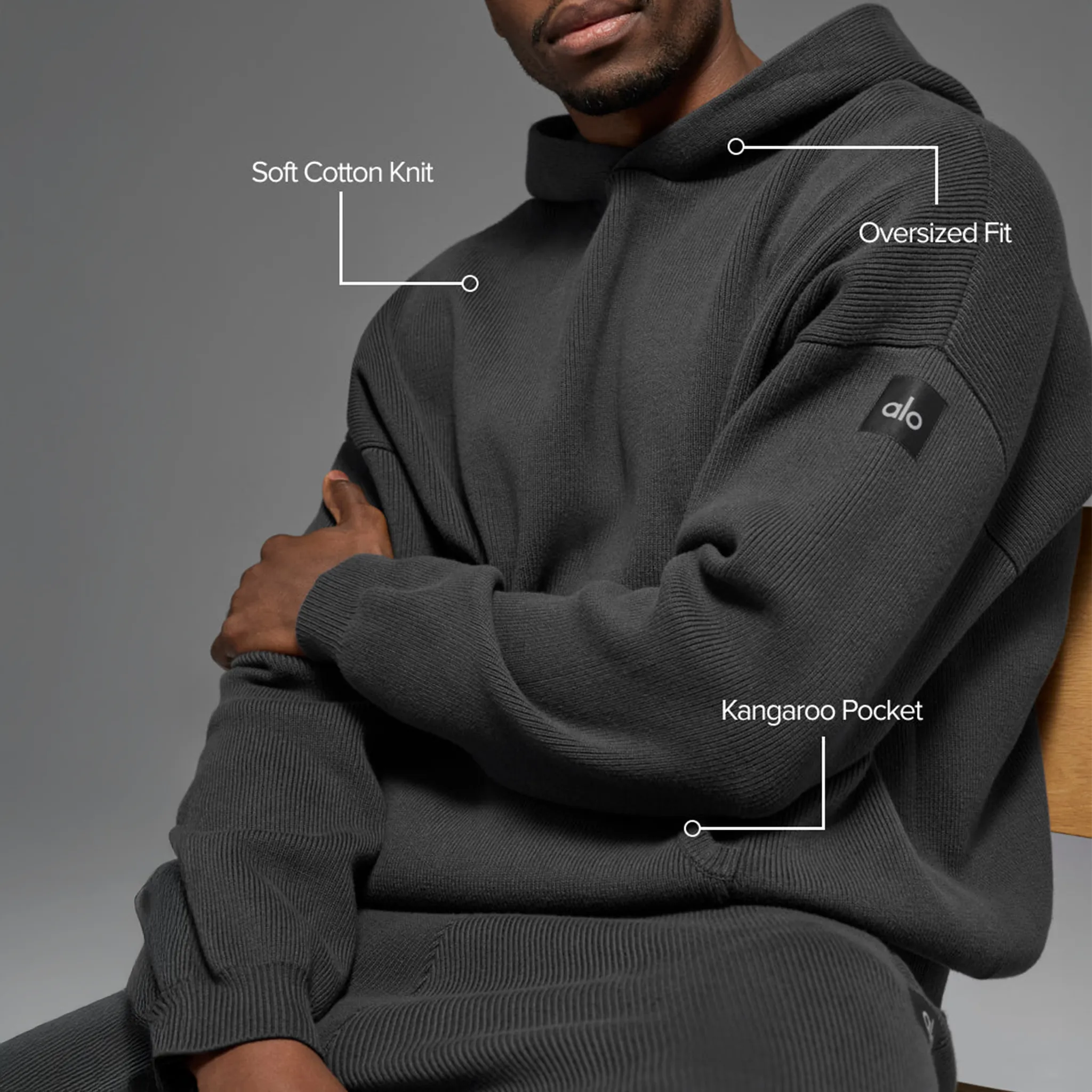 Front Model View of Alo Yoga Scholar Anthracite Hoodie