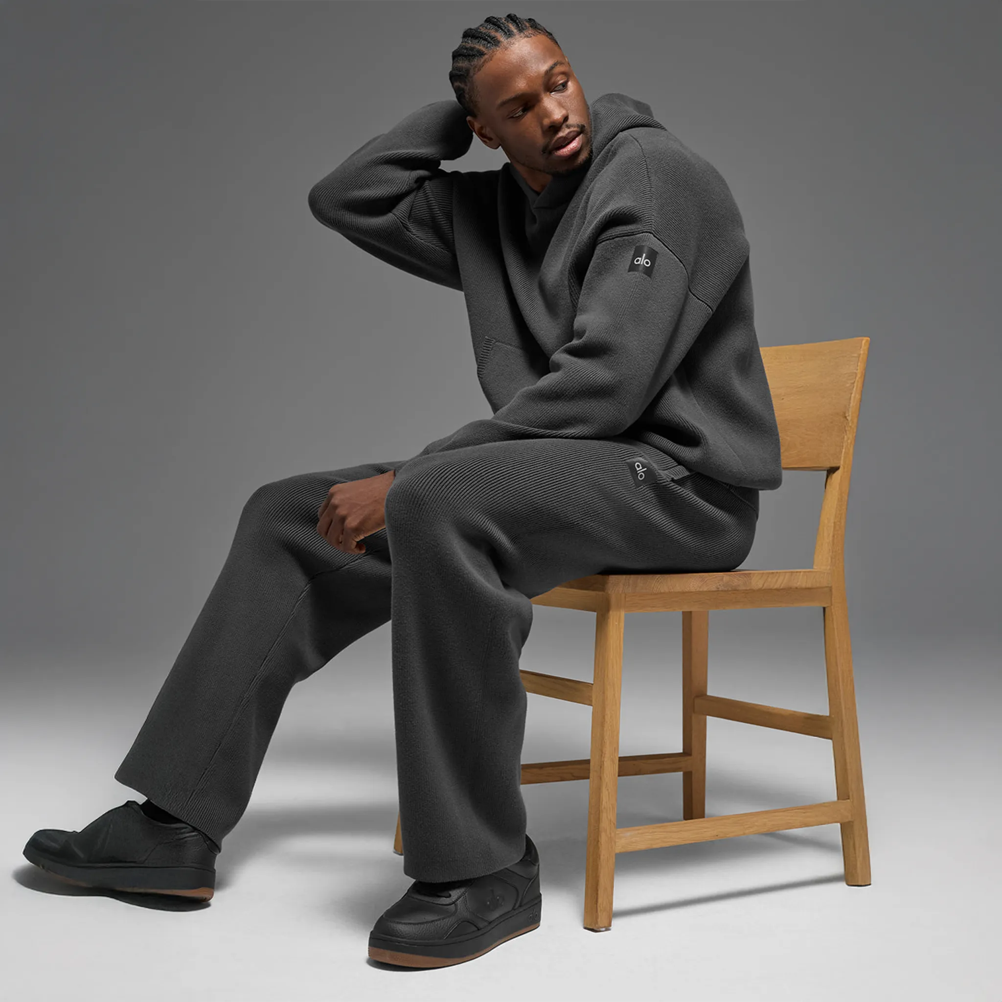 Model View of Alo Yoga Scholar Anthracite Hoodie