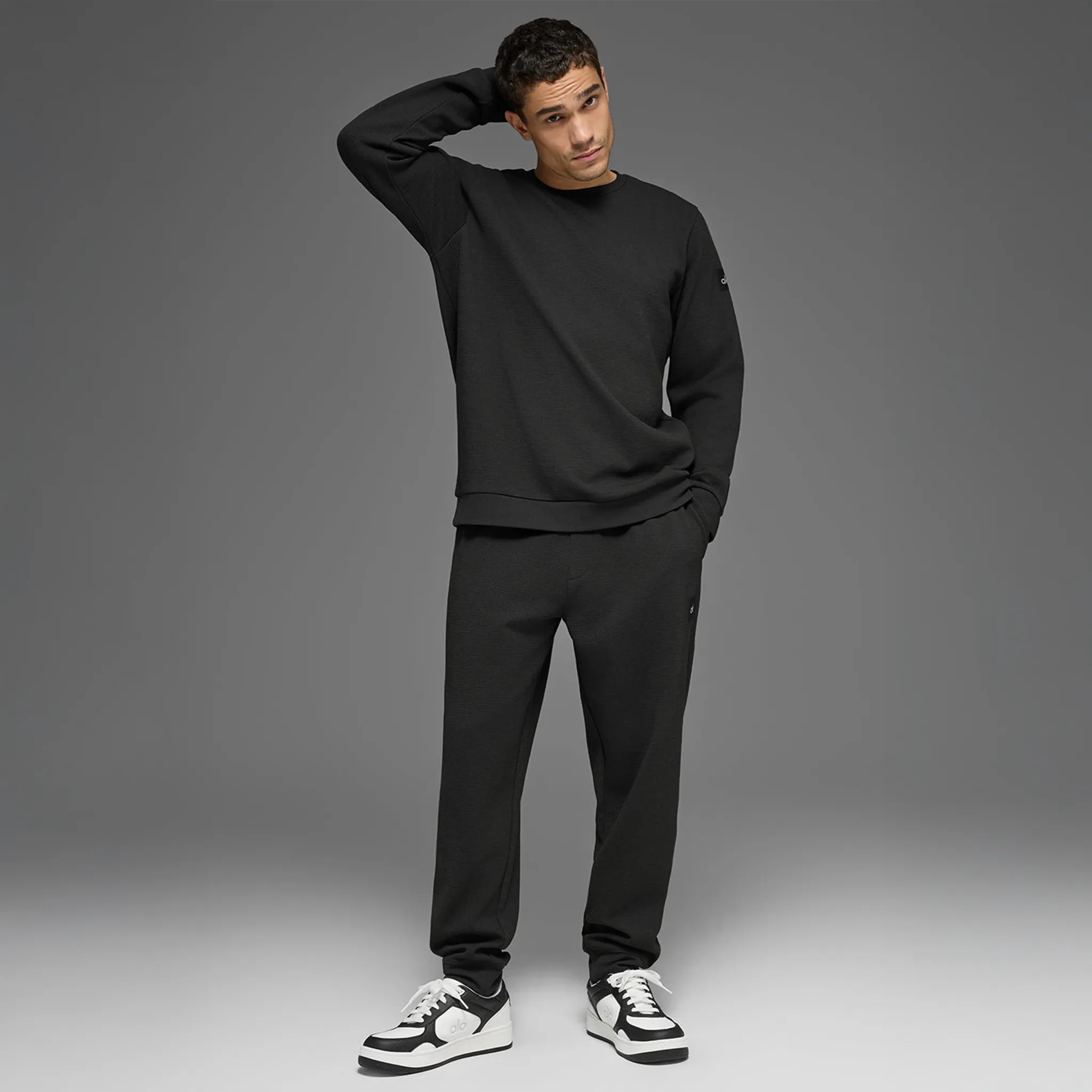 Model View of Alo Yoga Waffle Lounge Black Sweatpants
