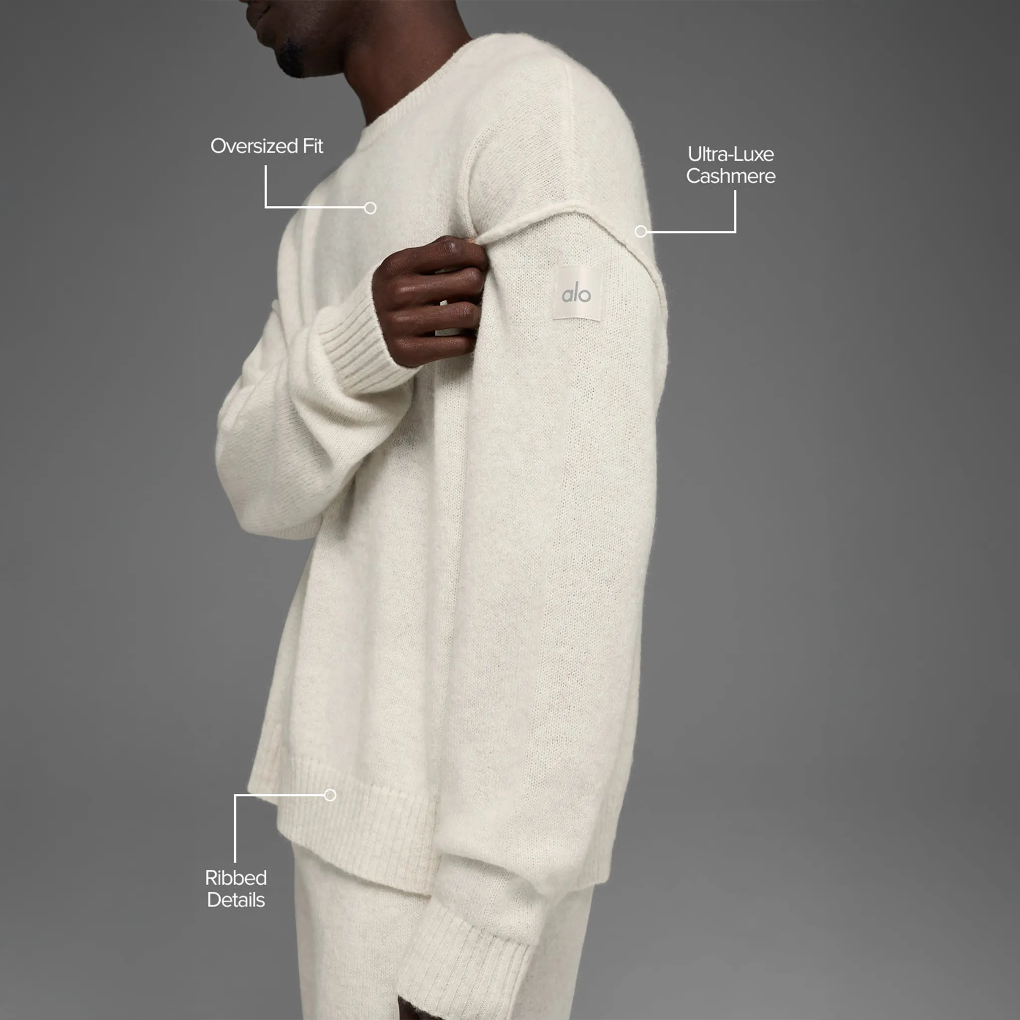 Detailed View of Alo Yoga Wool Cashmere New Class Bone Heather Crewneck