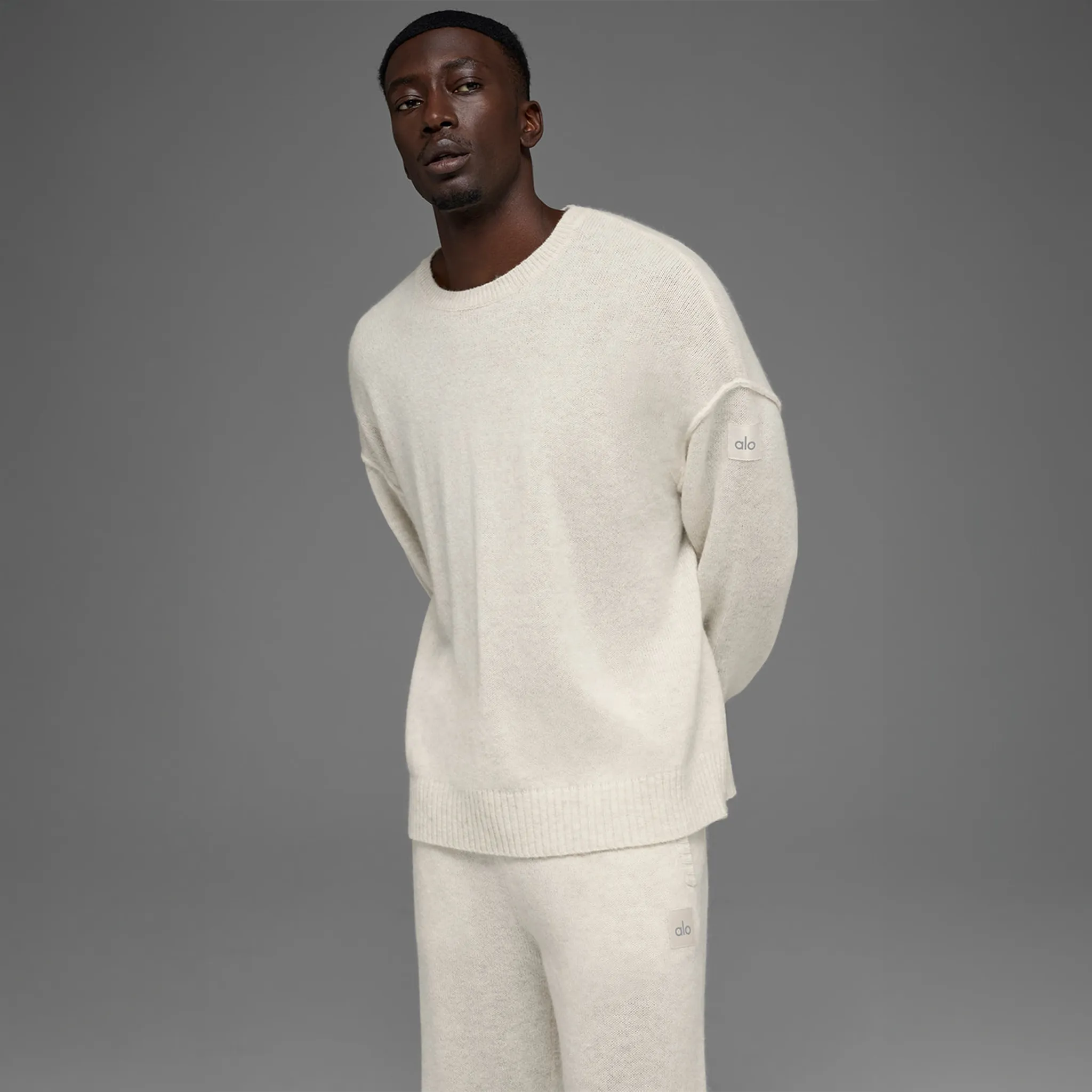 Front View of Alo Yoga Wool Cashmere New Class Bone Heather Crewneck