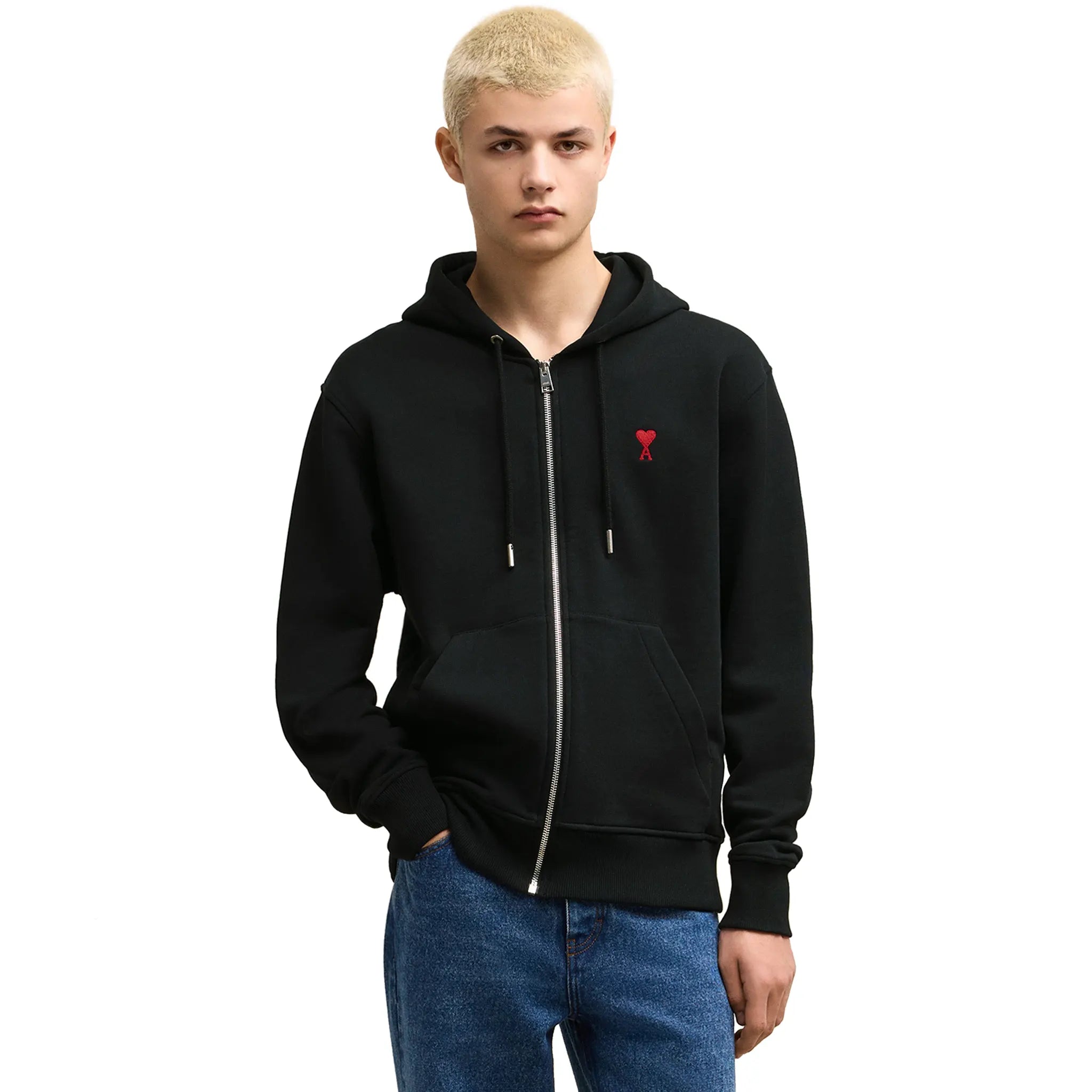 Ami Paris Ami De Coeur Cotton Black Zip-Up Hoodie | USW415747001 Ami Paris Ami De Coeur Cotton Black Zip-Up Hoodie | USW415747001