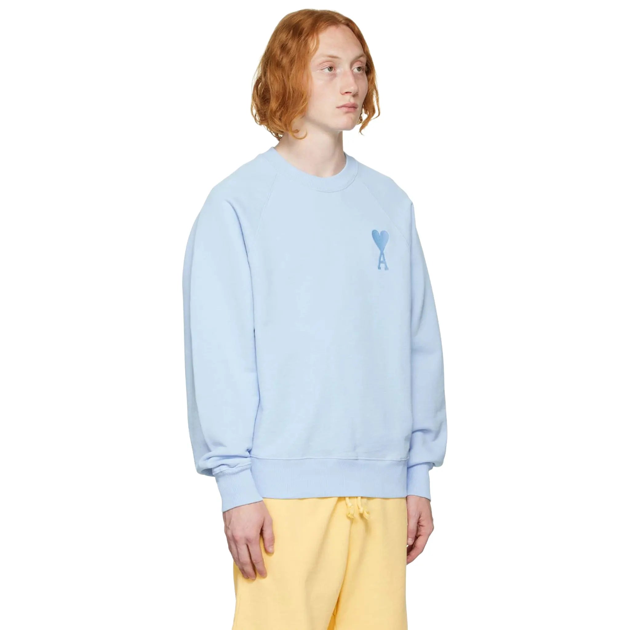 Front Side View of Ami Paris Ami De Coeur Tonal Boxy Fit Sky Blue Sweatshirt USW002747450