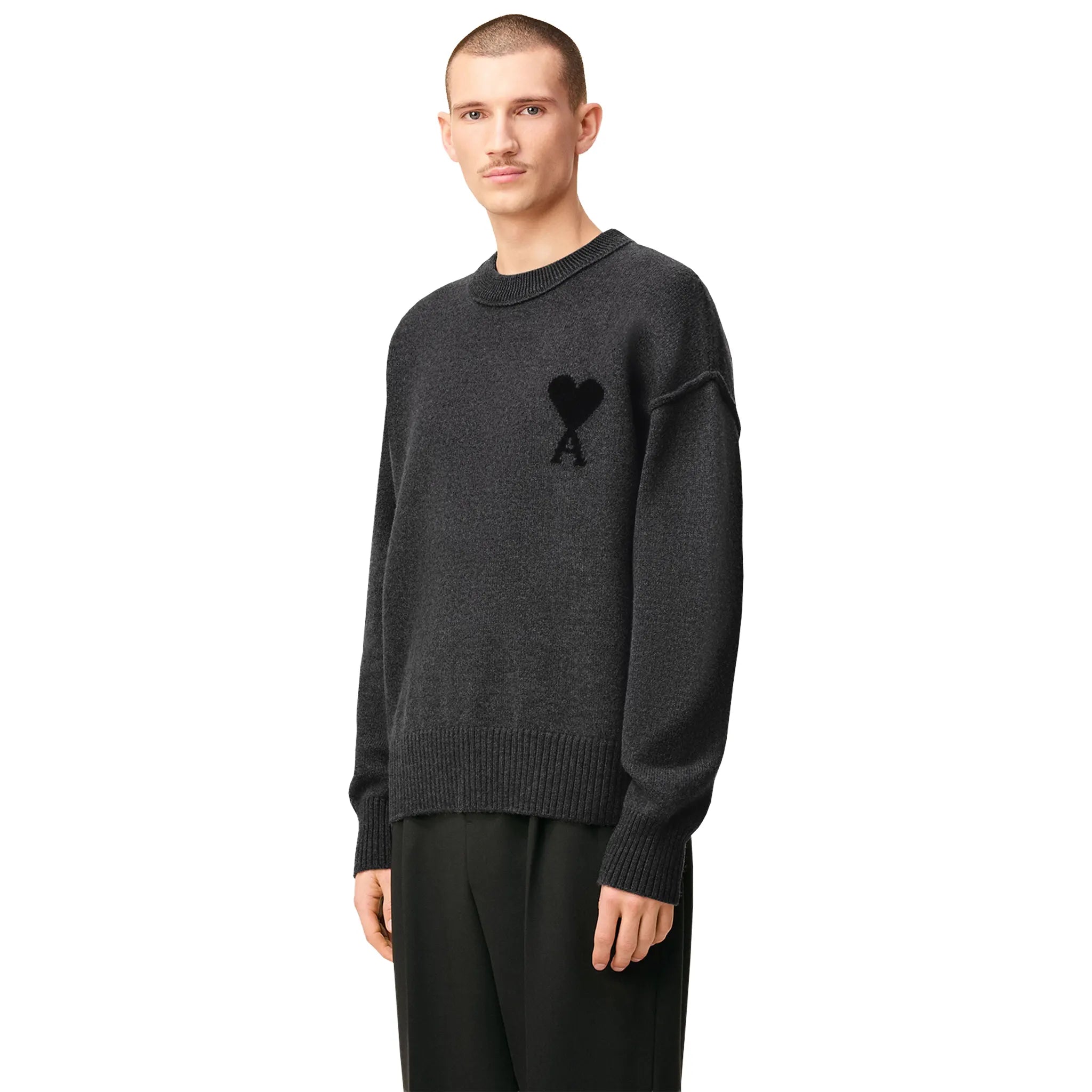 Front Side View of Ami Paris Ami De Coeur Wool Heather Grey Black Crewneck Sweater UKS838-018-0504
