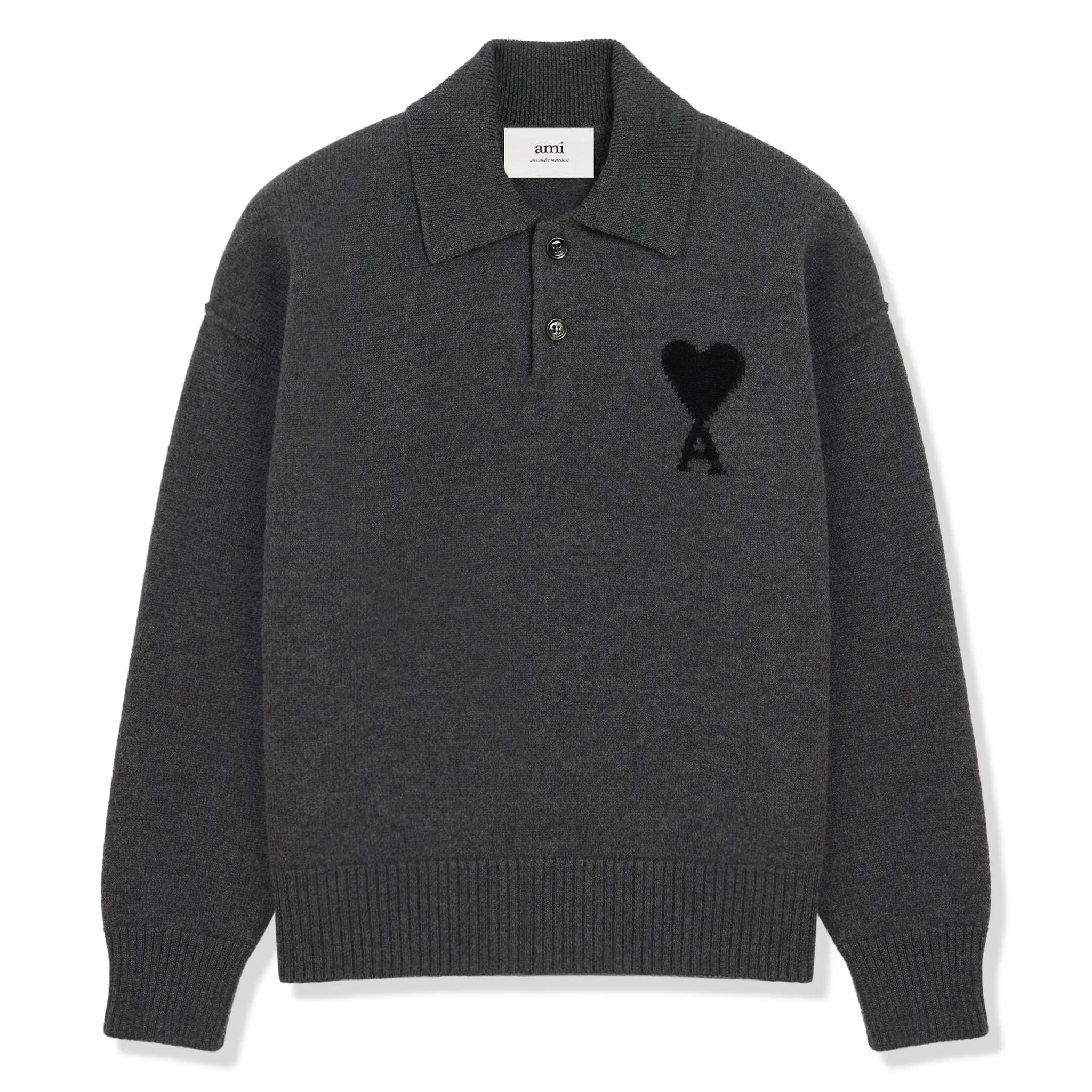 Front View of Ami Paris Ami De Coeur Wool Heather Grey Black Polo Sweatshirt UPL409018-0504