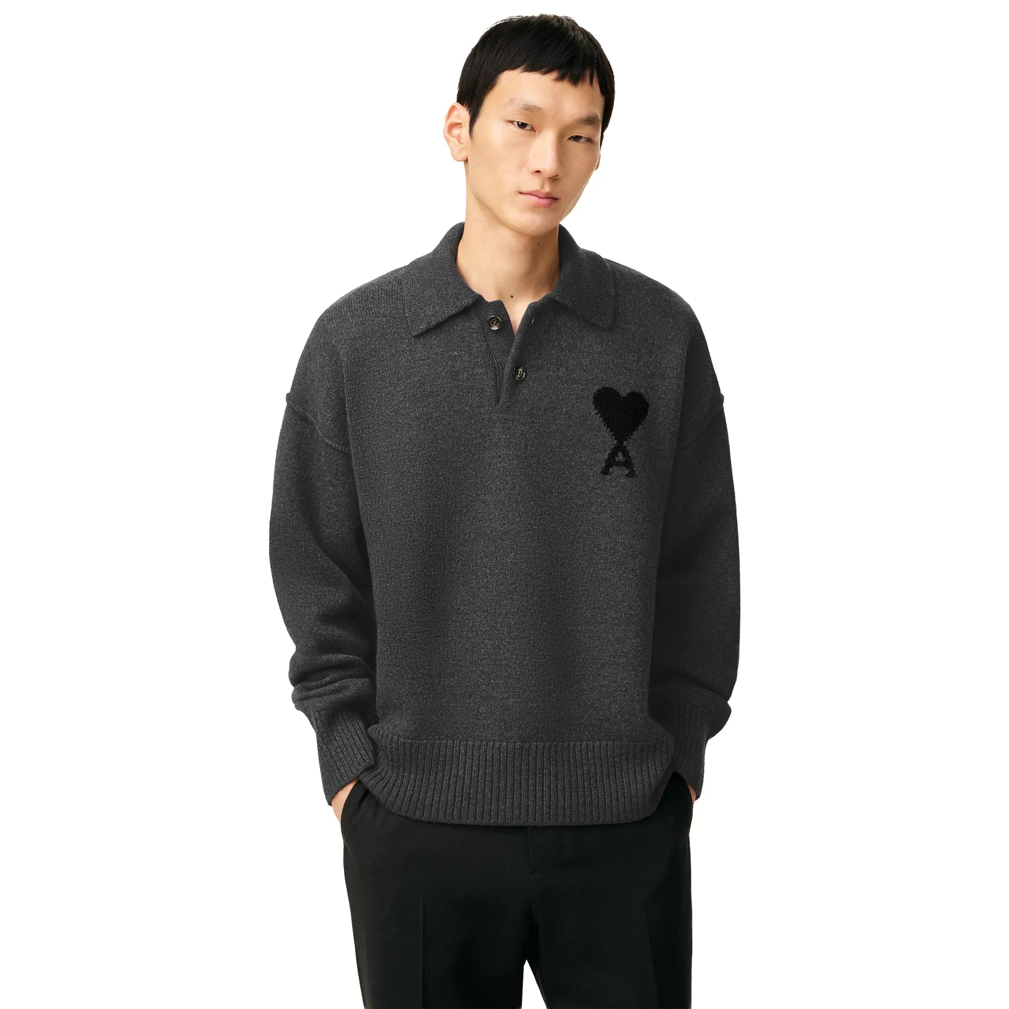 Front View of Ami Paris Ami De Coeur Wool Heather Grey Black Polo Sweatshirt UPL409018-0504