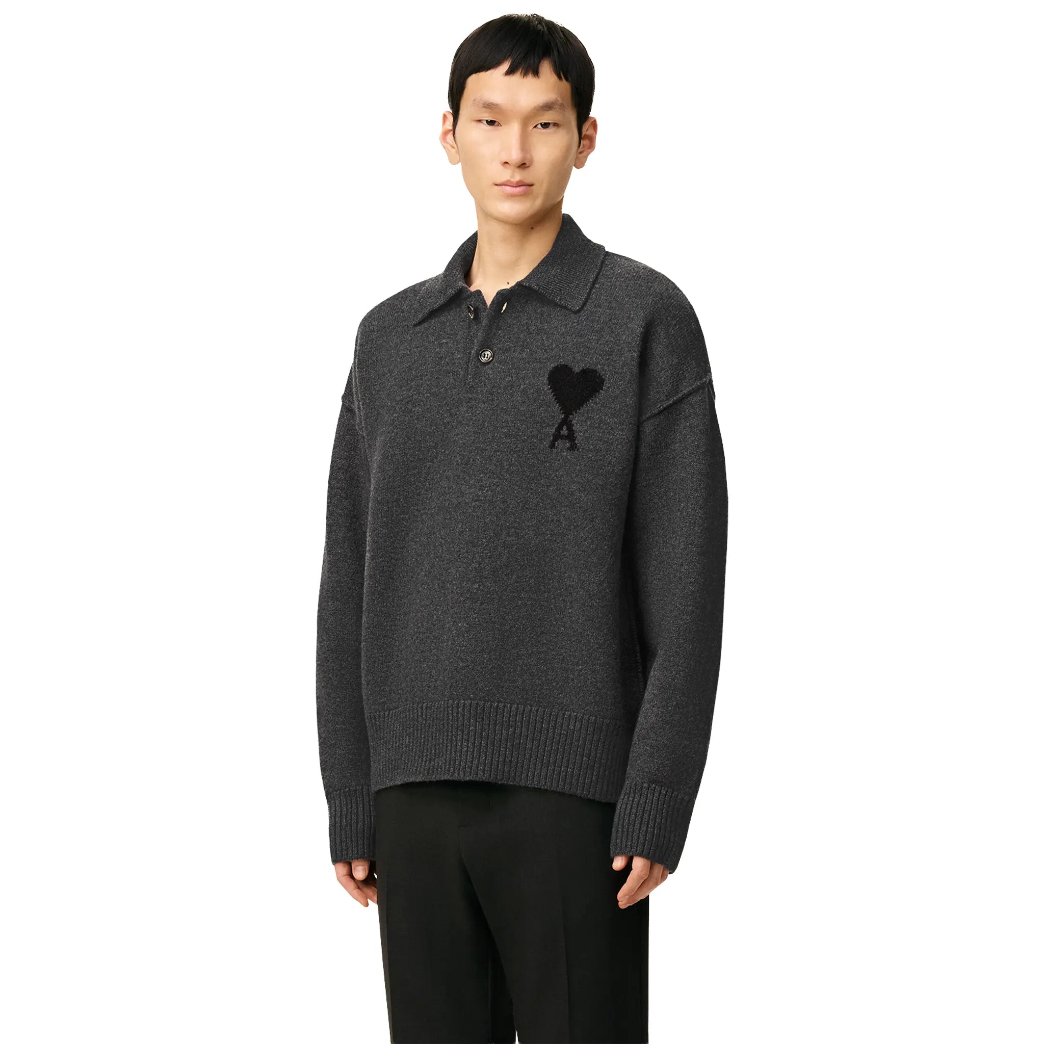 Front View of Ami Paris Ami De Coeur Wool Heather Grey Black Polo Sweatshirt UPL409018-0504