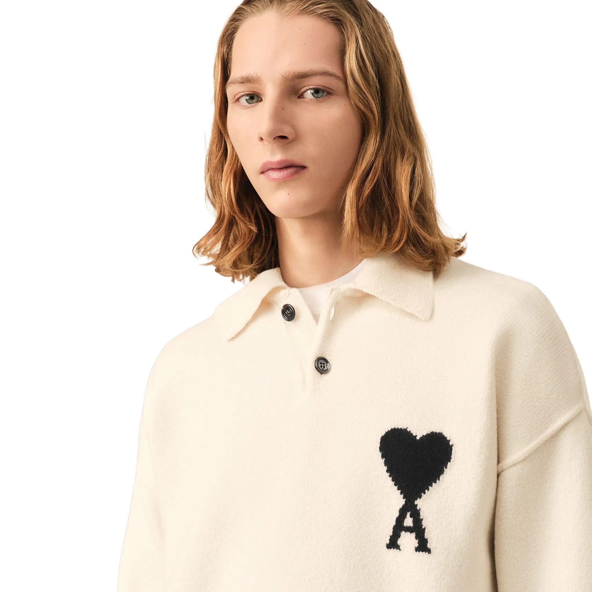 Front Detailed View of Ami Paris Ami De Coeur Wool Heather Off White Black Polo Sweatshirt
