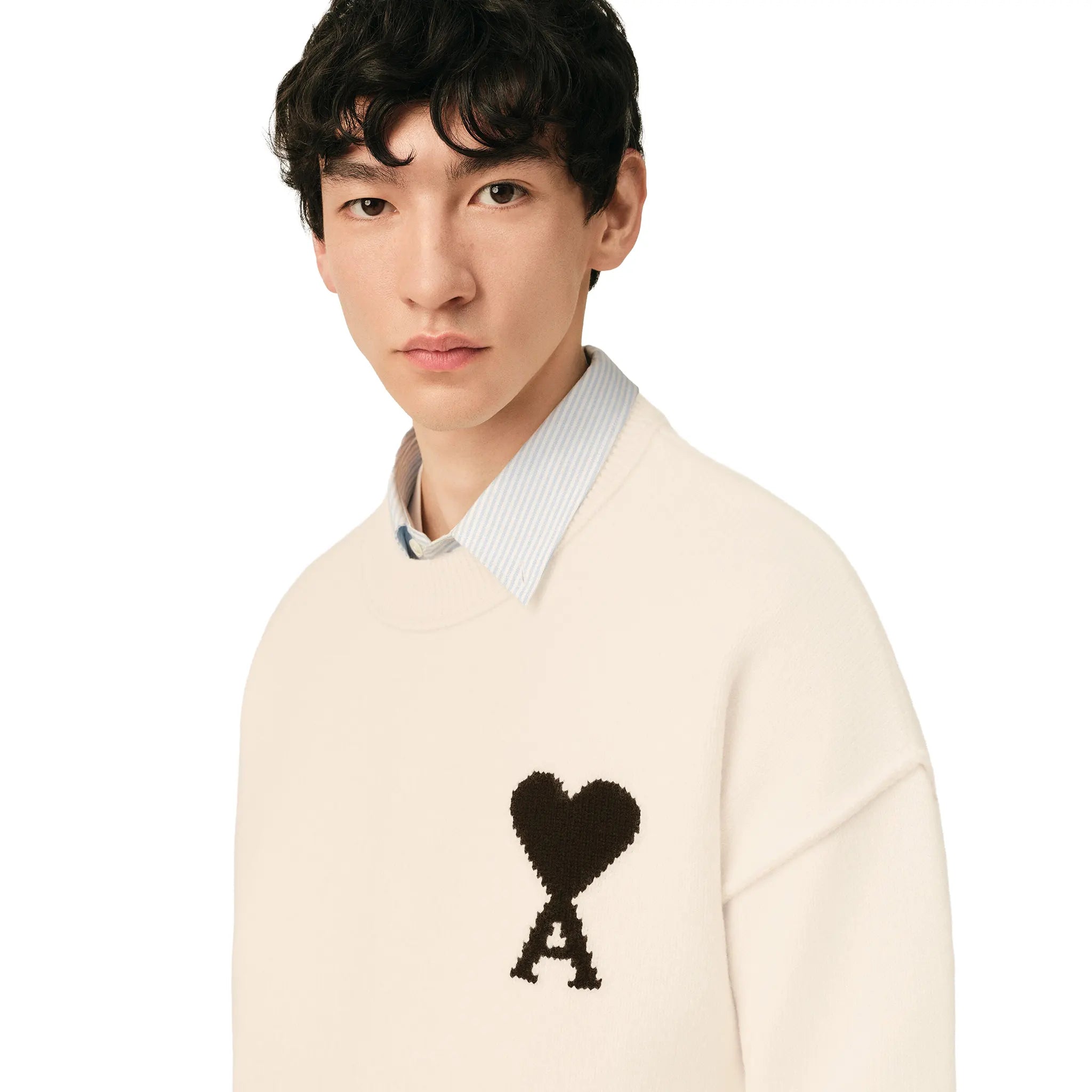 Front Side Detailed View of Ami Paris Ami De Coeur Wool Heather Off White Black Sweatshirt