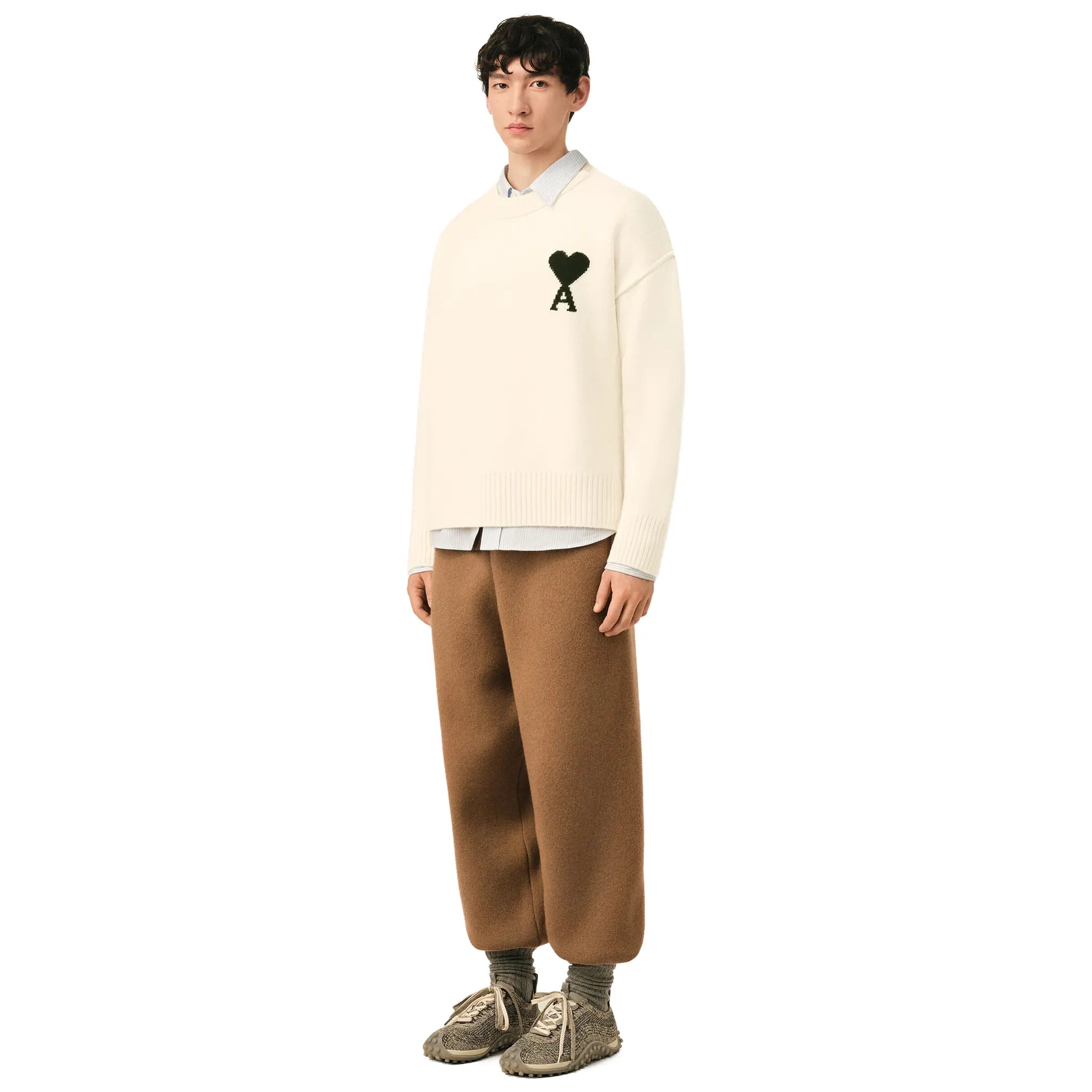 Front Side View of Ami Paris Ami De Coeur Wool Heather Off White Black Sweatshirt