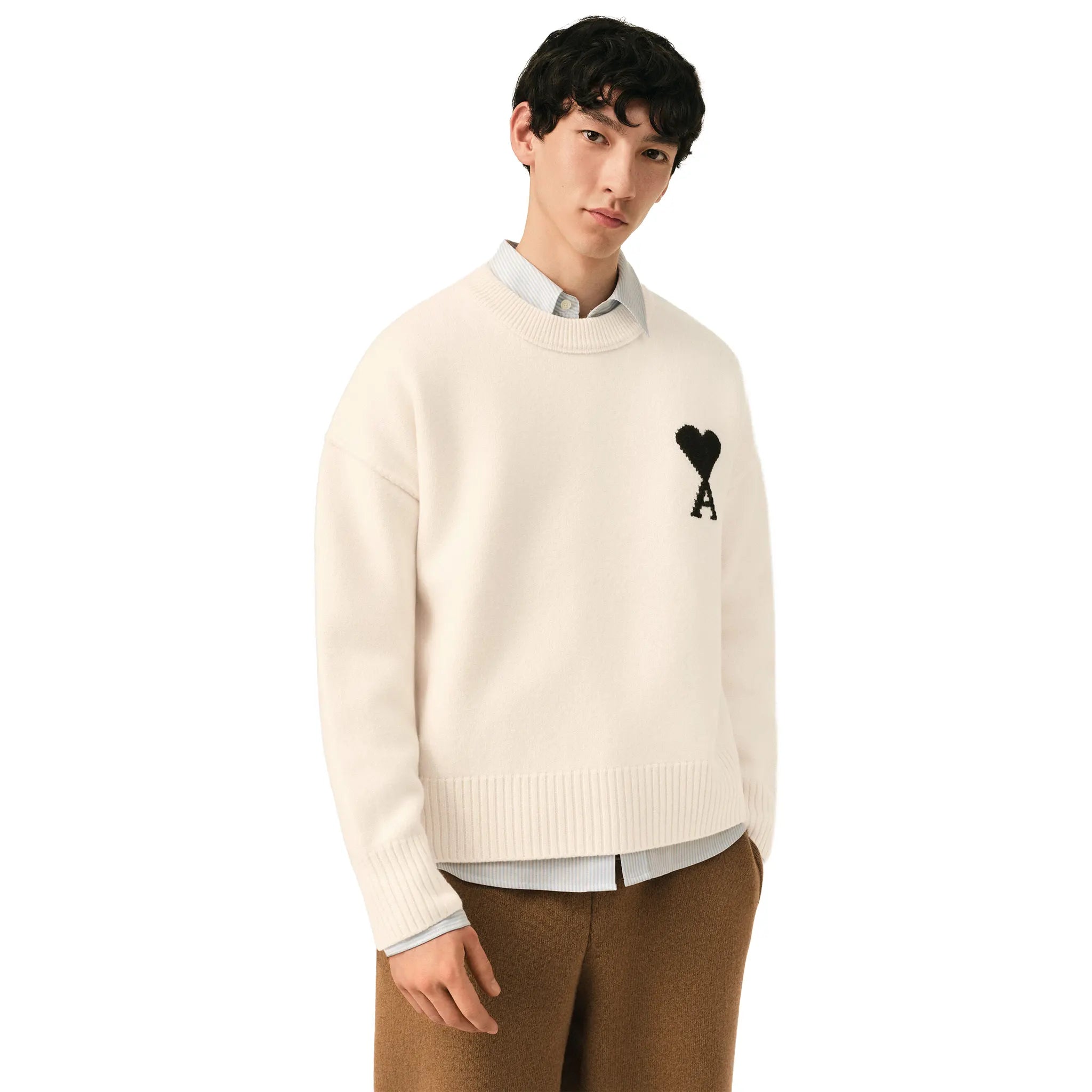 Front Side Detailed View of Ami Paris Ami De Coeur Wool Heather Off White Black Sweatshirt